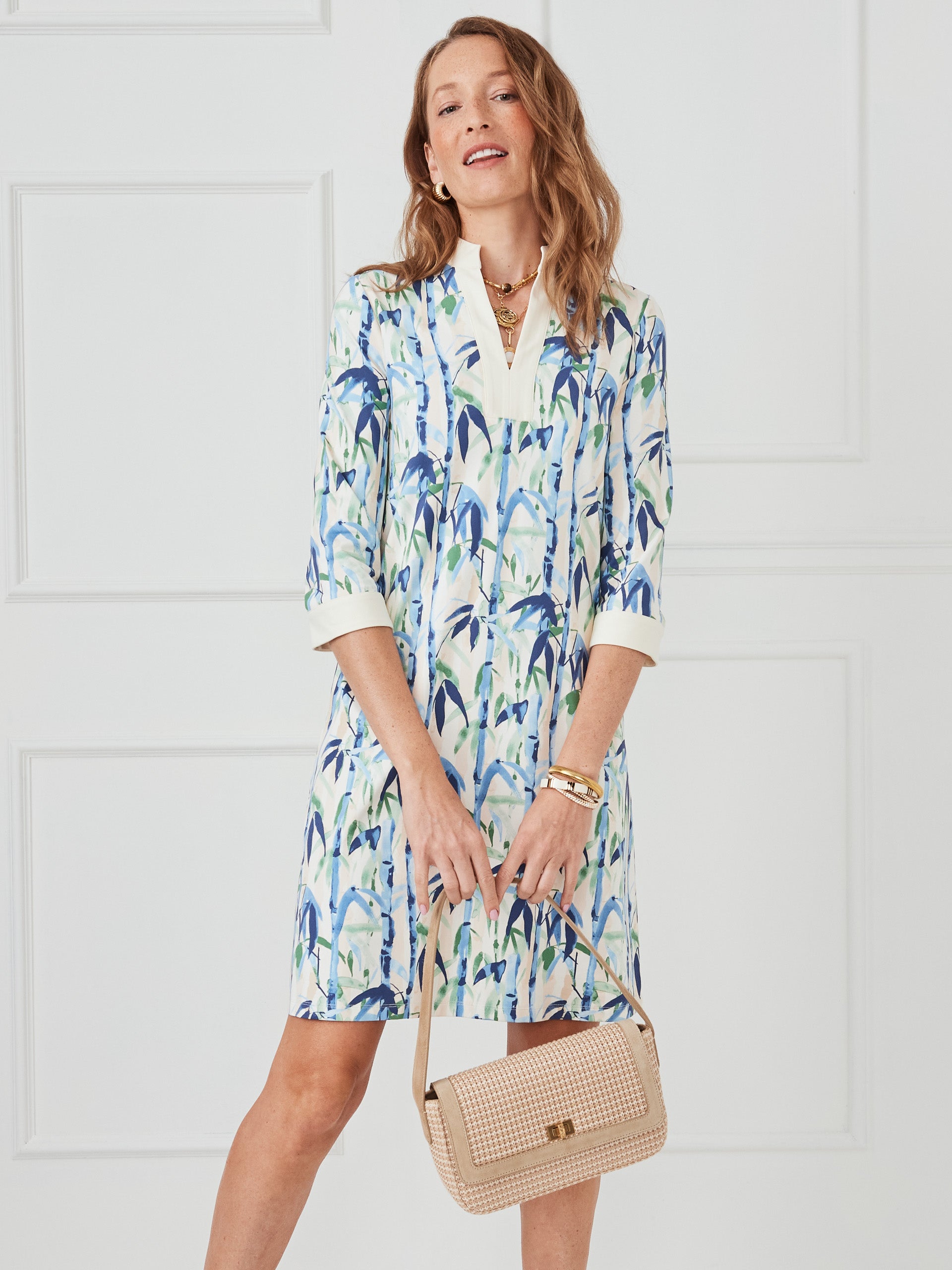 J.McLaughlin Rosie dress in blue/green made with catalina cloth.