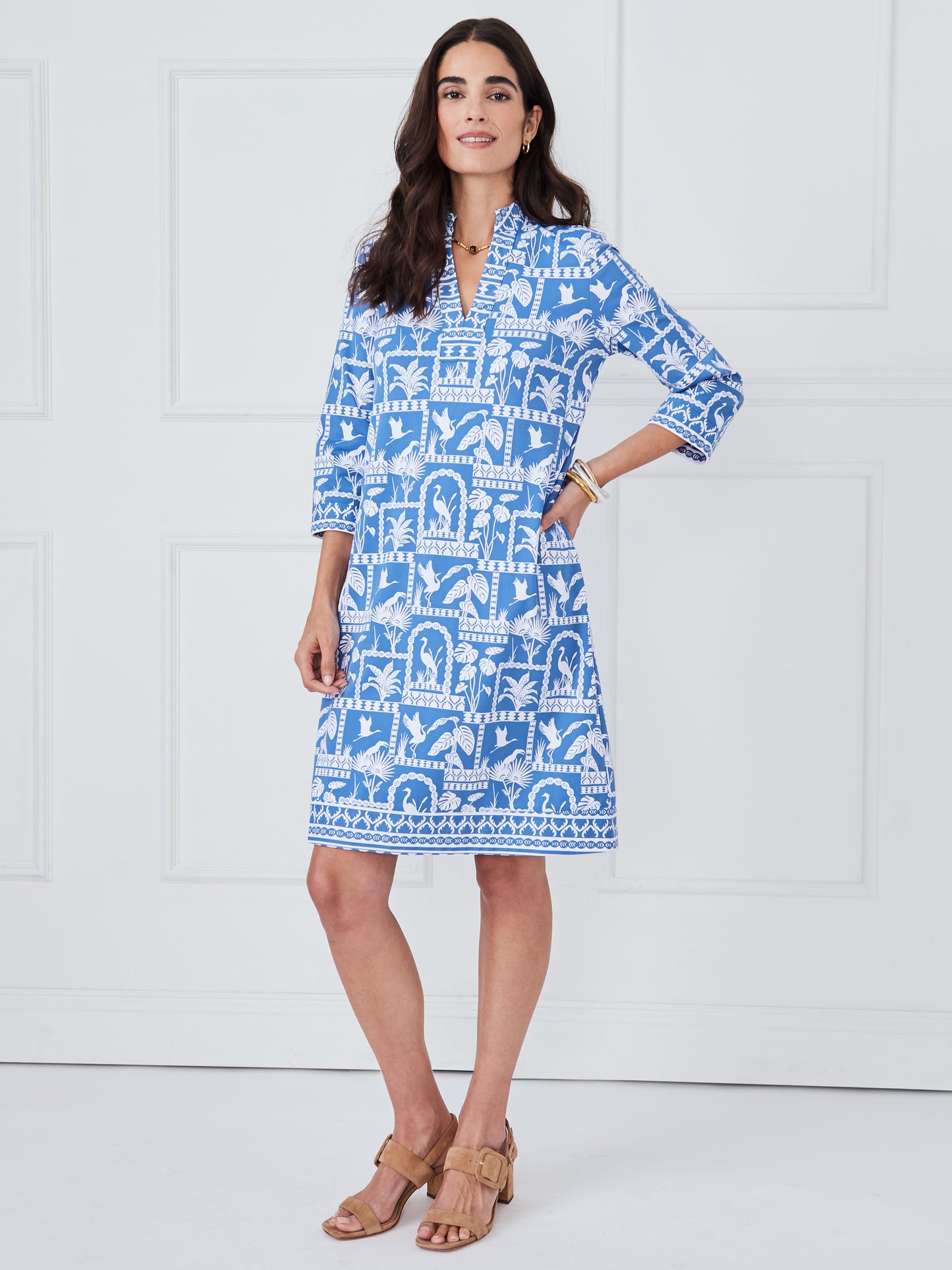 J.McLaughlin Rosie dress in dark blue/white made with catalina cloth.