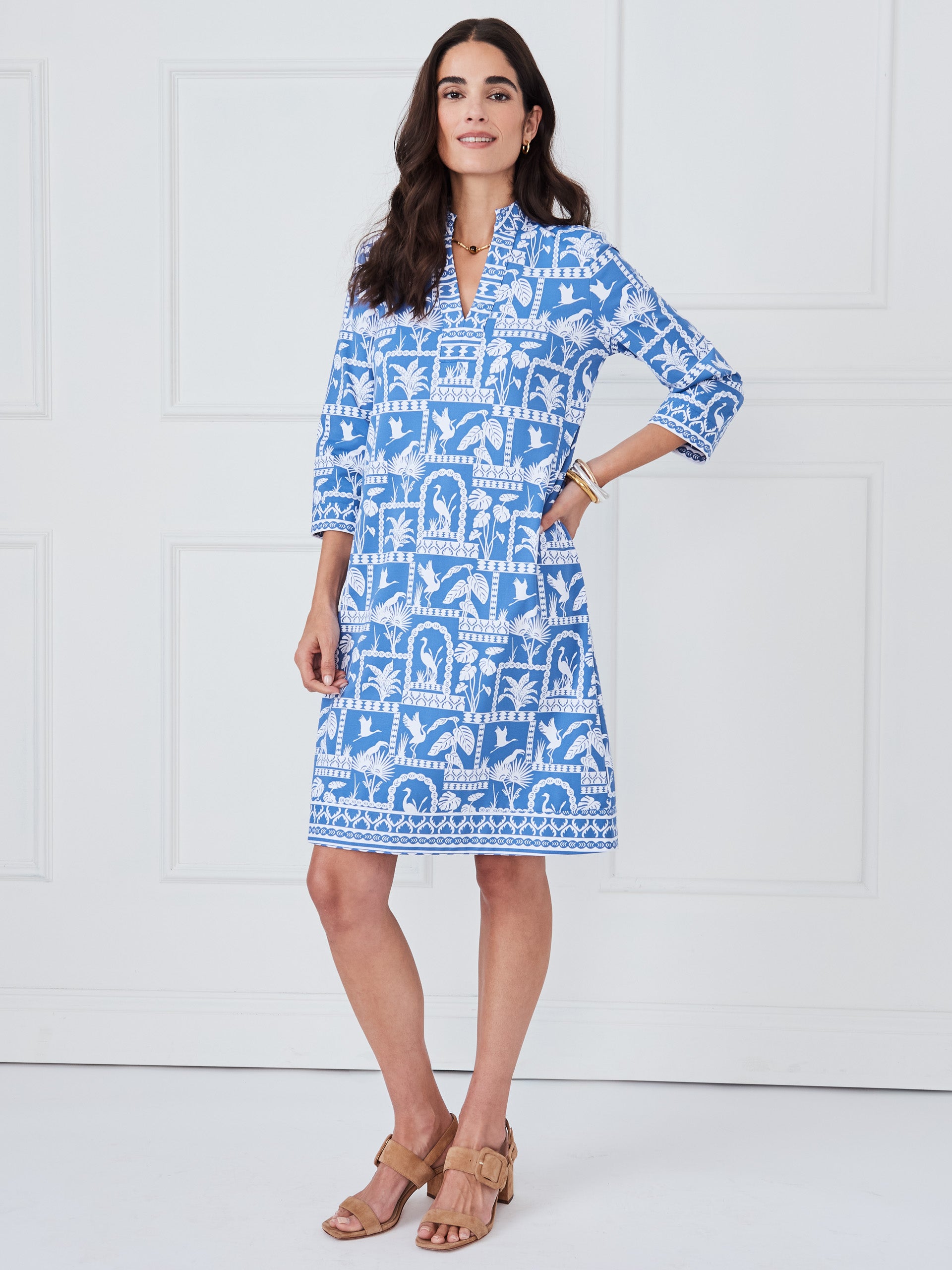 J.McLaughlin Rosie dress in dark blue/white made with catalina cloth.
