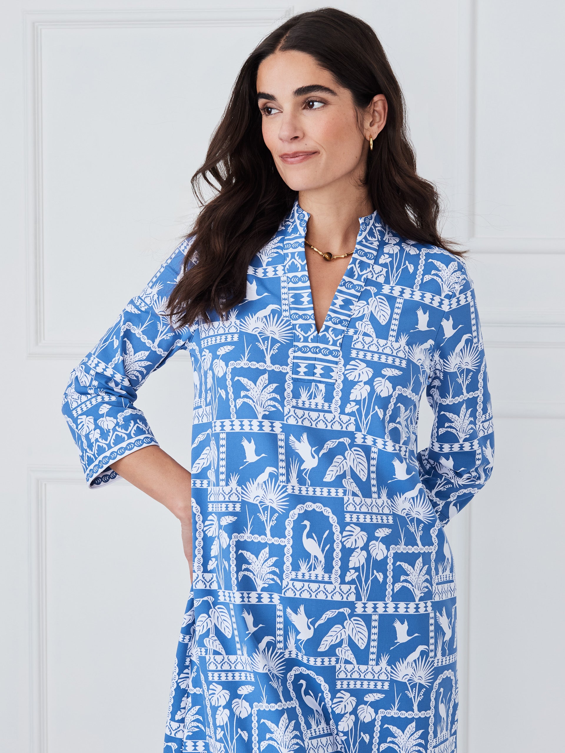 J.McLaughlin Rosie dress in dark blue/white made with catalina cloth.