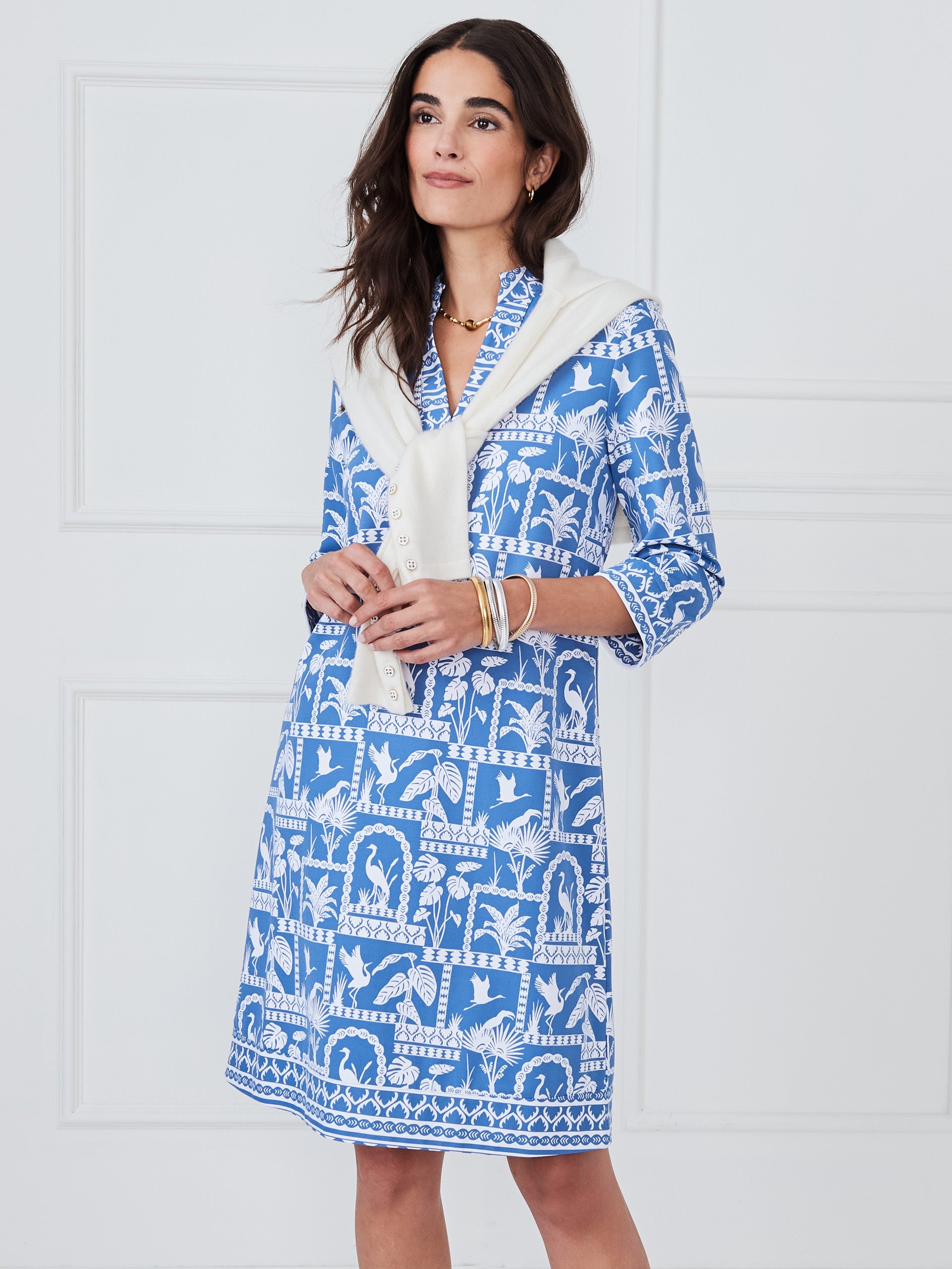 J.McLaughlin Rosie dress in dark blue/white made with catalina cloth.