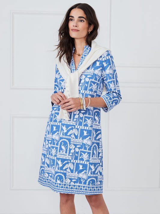 J.McLaughlin Rosie dress in dark blue/white made with catalina cloth.