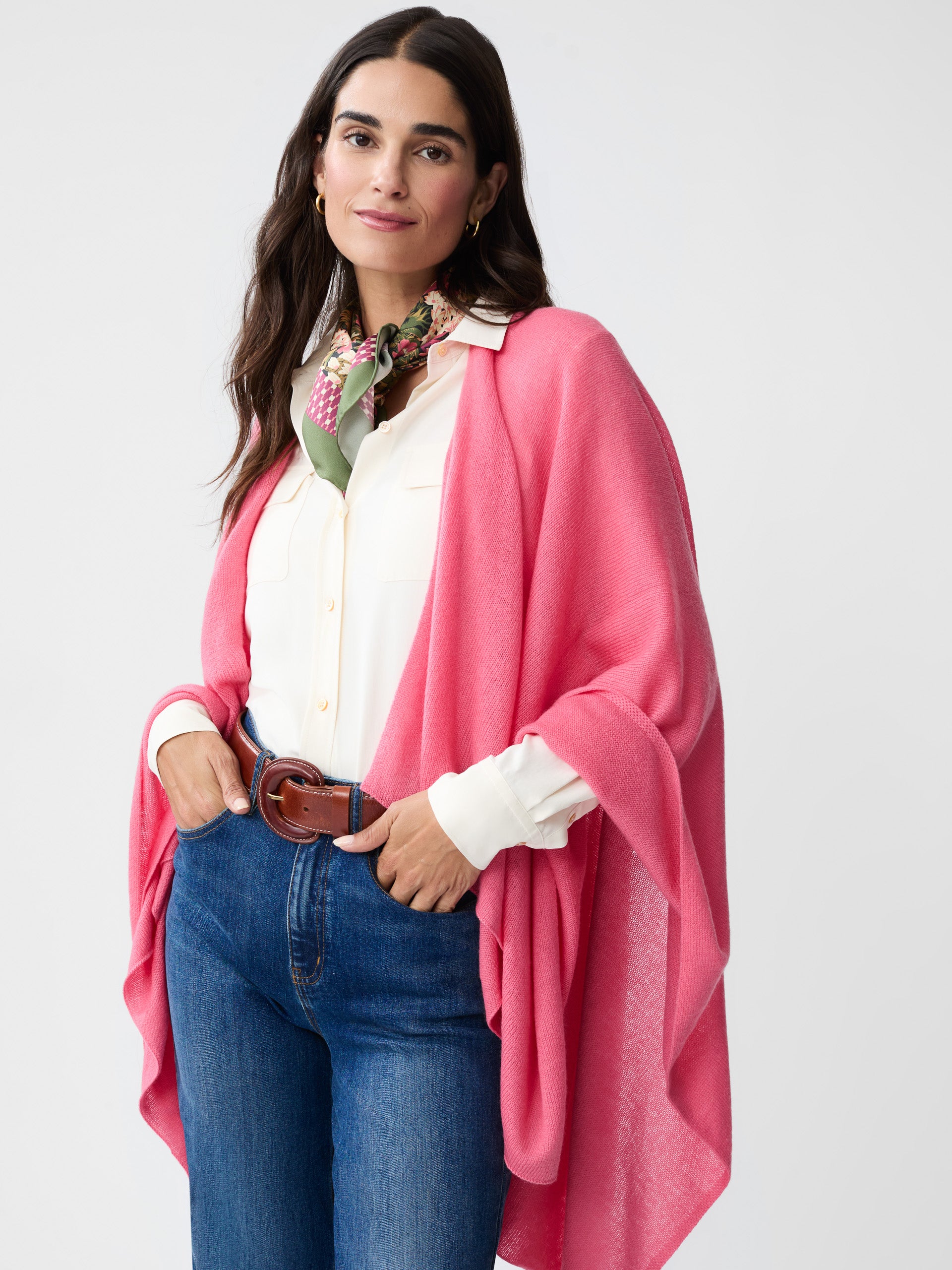 Model wearing J.McLaughlin Rossi wrap in rose made with cashmere.