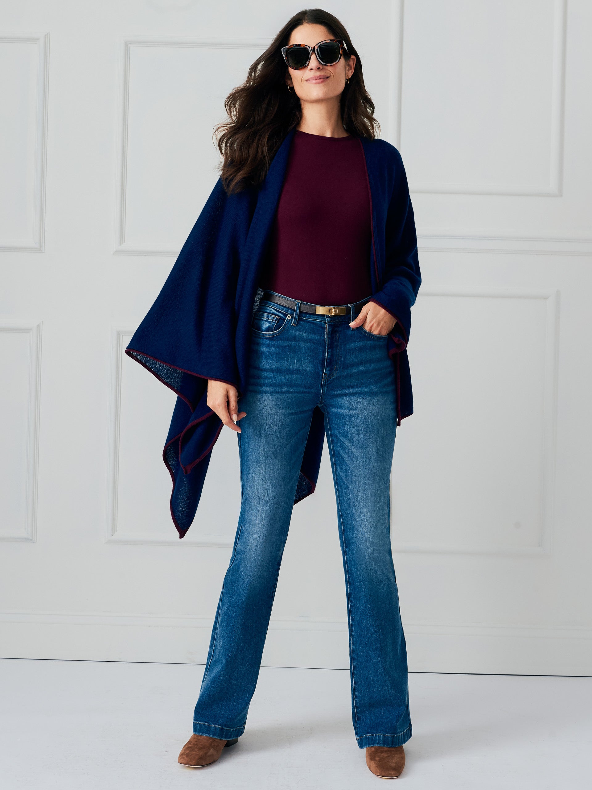 J.McLaughlin Rossi wrap in navy/merlot made with cashmere.