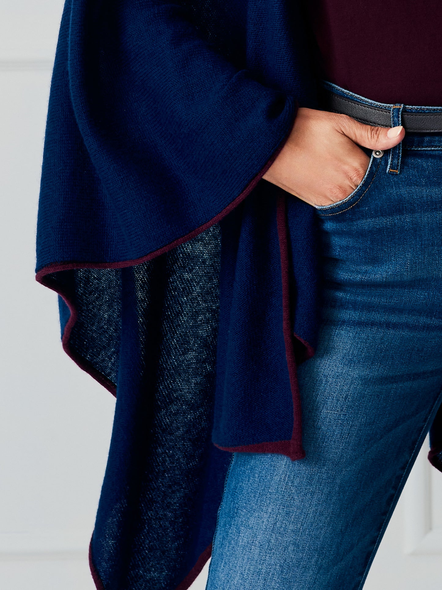 J.McLaughlin Rossi wrap in navy/merlot made with cashmere.