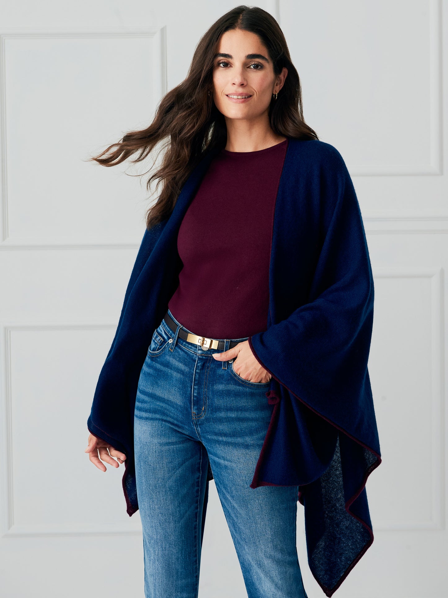 J.McLaughlin Rossi wrap in navy/merlot made with cashmere.