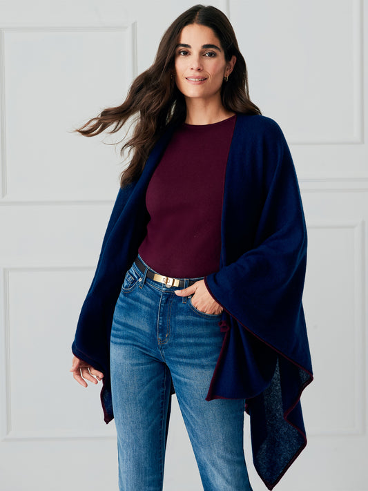 J.McLaughlin Rossi wrap in navy/merlot made with cashmere.