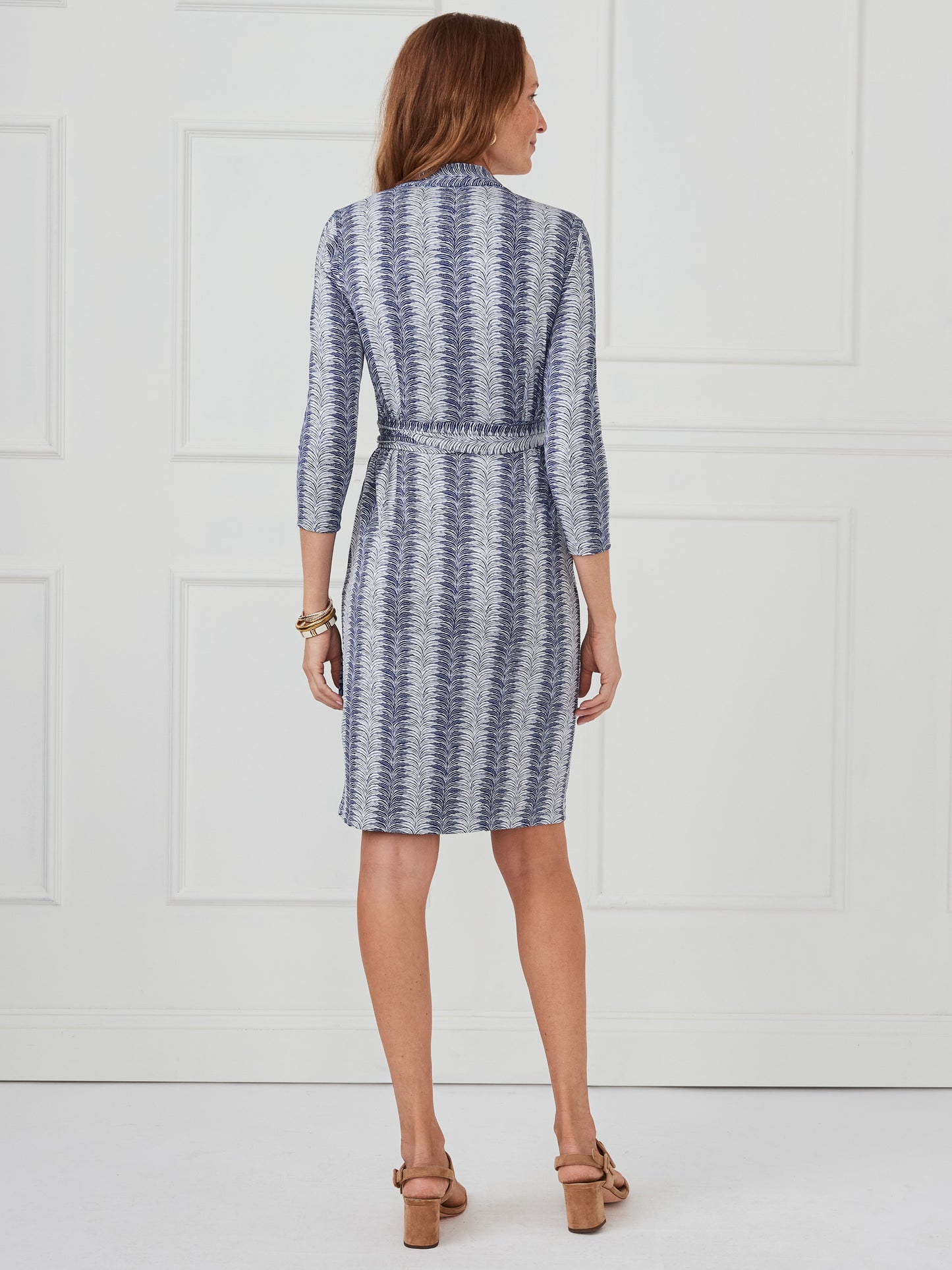 J.mcLaughlin Rumi dress in off white/dark blue made with Catalina cloth.