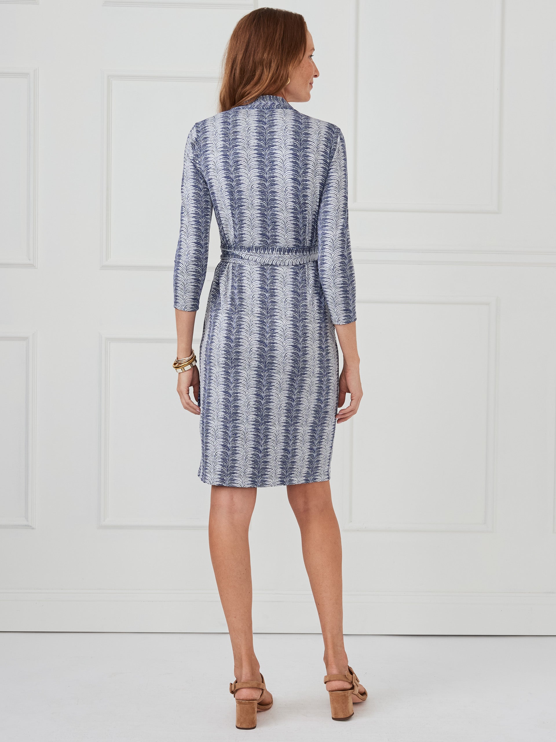 J.mcLaughlin Rumi dress in off white/dark blue made with Catalina cloth.
