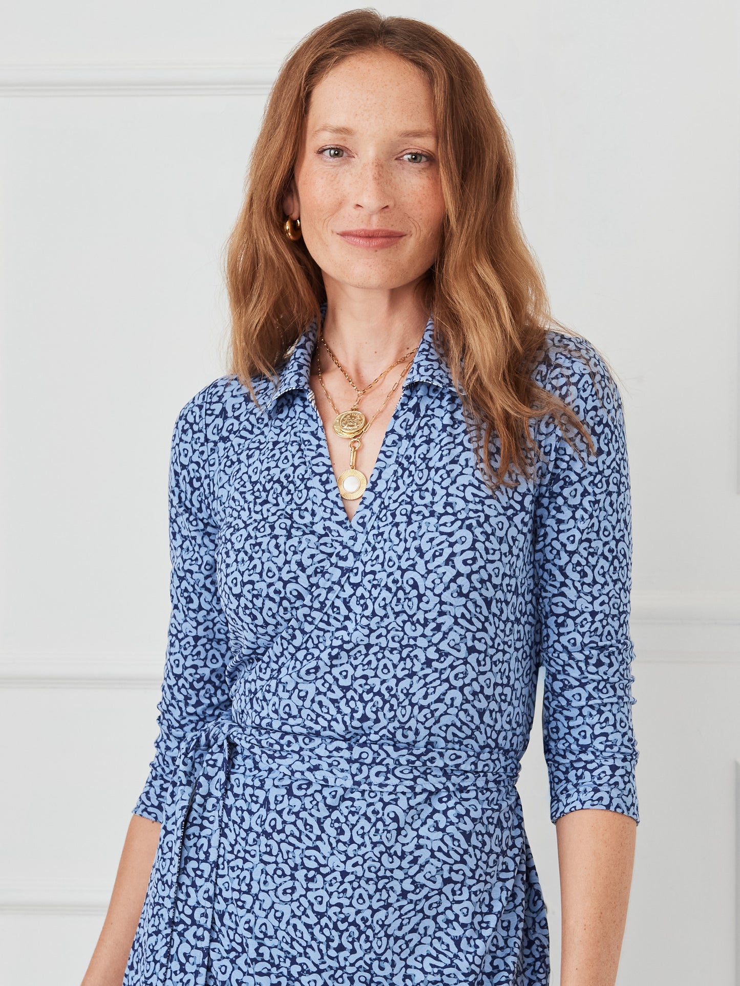 J.mcLaughlin Rumi dress in off white/dark blue made with Catalina cloth.