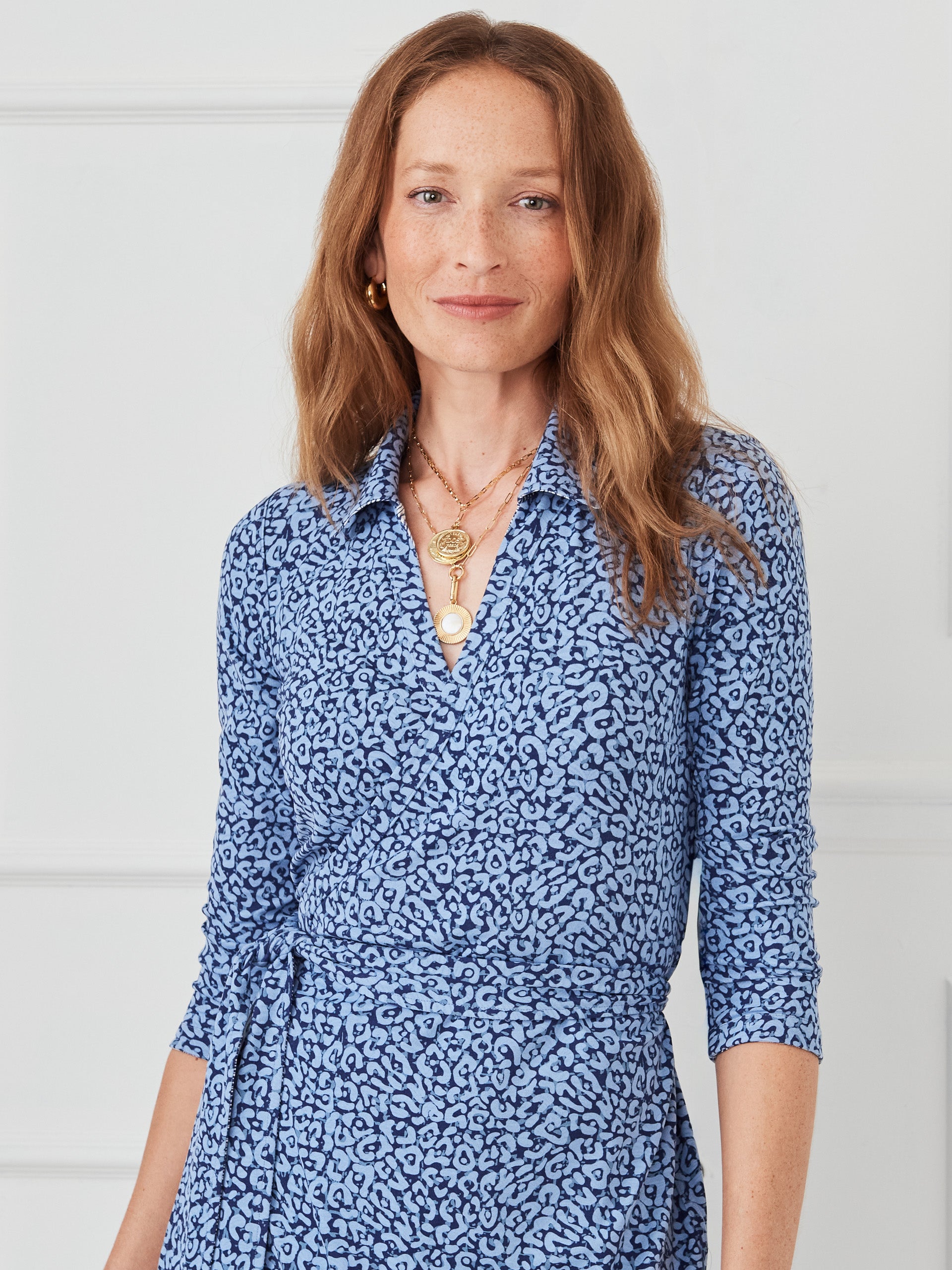 J.mcLaughlin Rumi dress in off white/dark blue made with Catalina cloth.