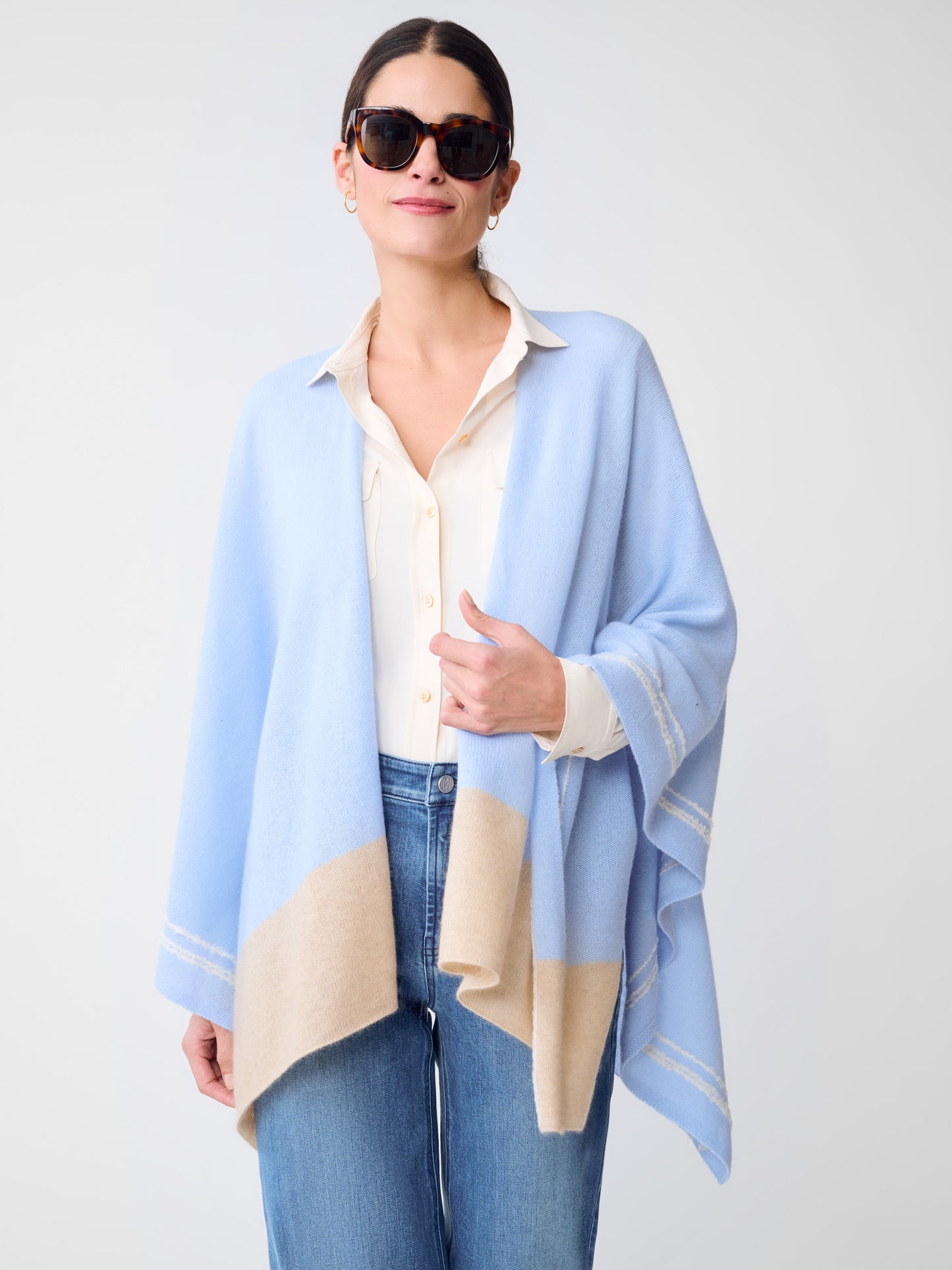 J.McLaughlin Saara wrap in Chambray/Light Camel made with Cashmere. 