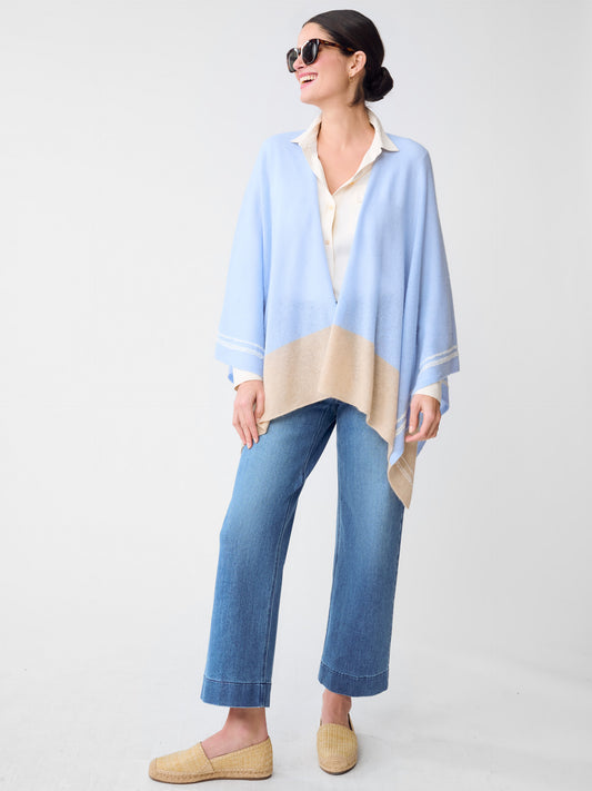 J.McLaughlin Saara wrap in Chambray/Light Camel made with Cashmere. 