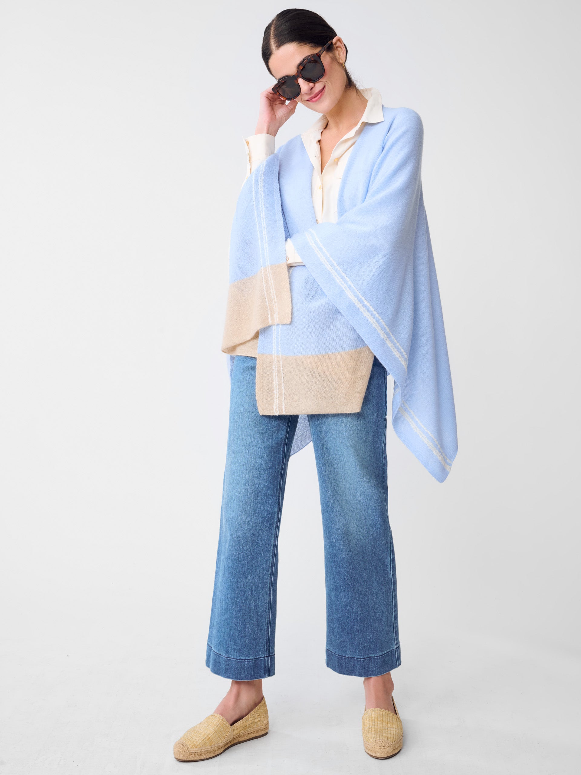 J.McLaughlin Saara wrap in Chambray/Light Camel made with Cashmere. 