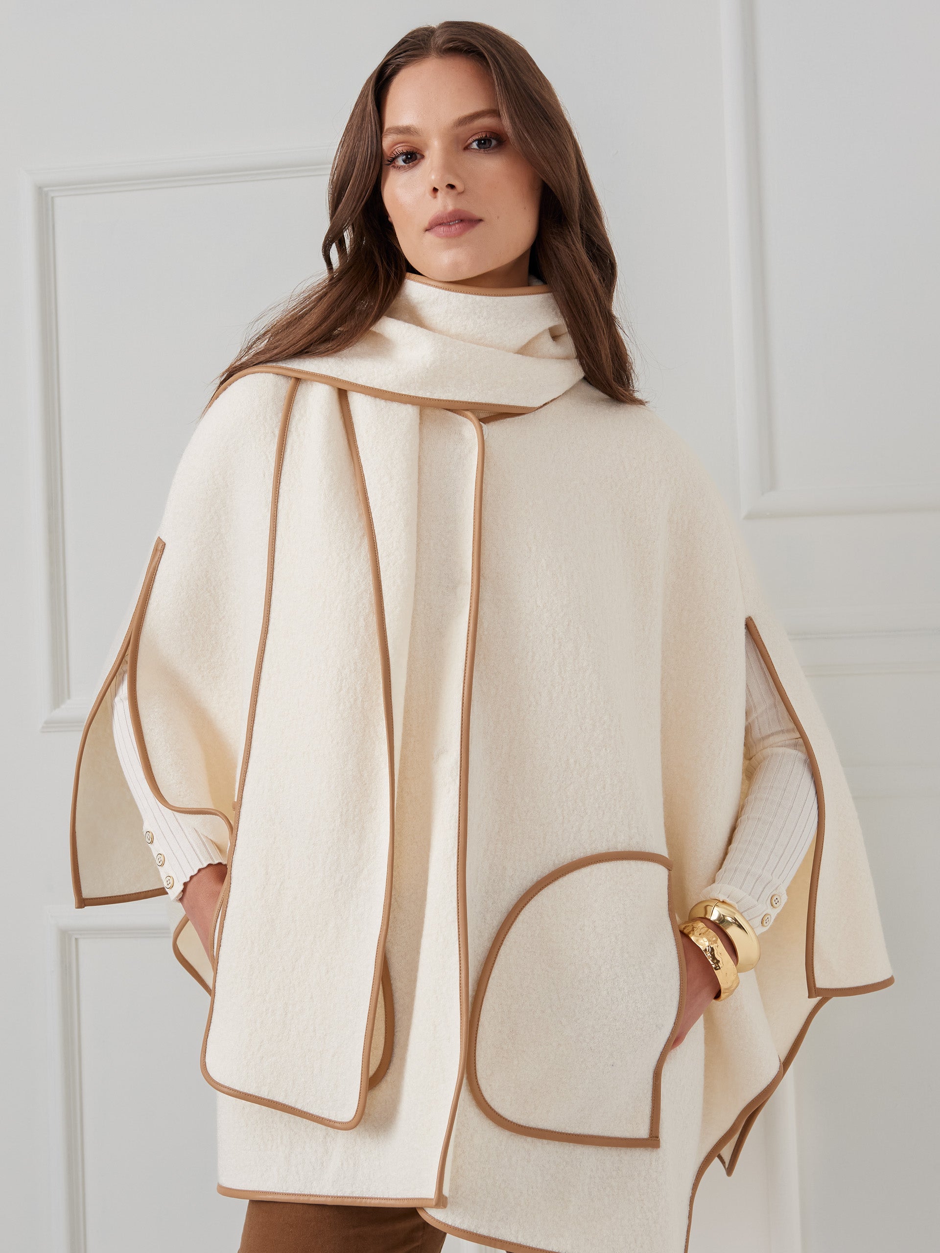 J.mcLaughlin Sabrina cape in vanilla made with wool blend.