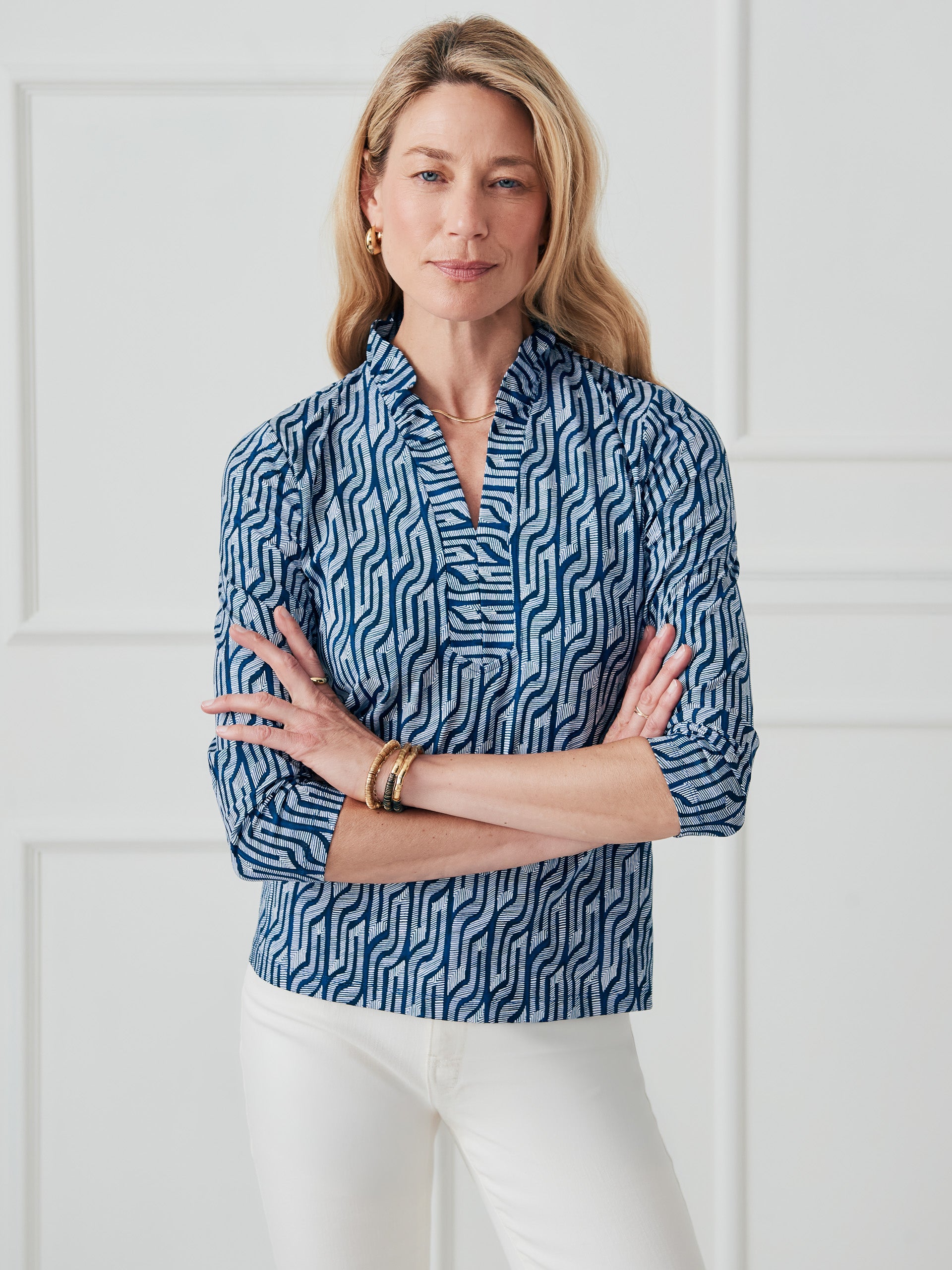 J.McLaughlin Sahara top in navy made with catalina cloth. 