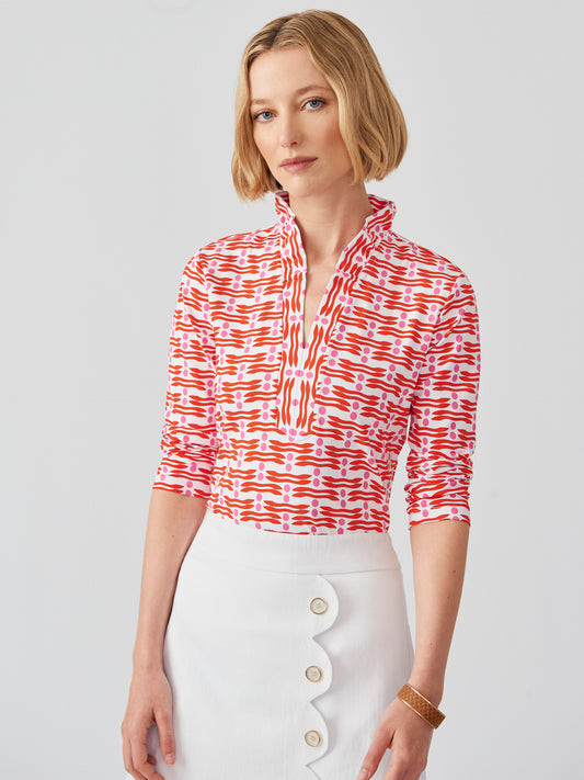J.McLaughlin Sahara ruffle top in white/red/pink made with Catalina cloth.