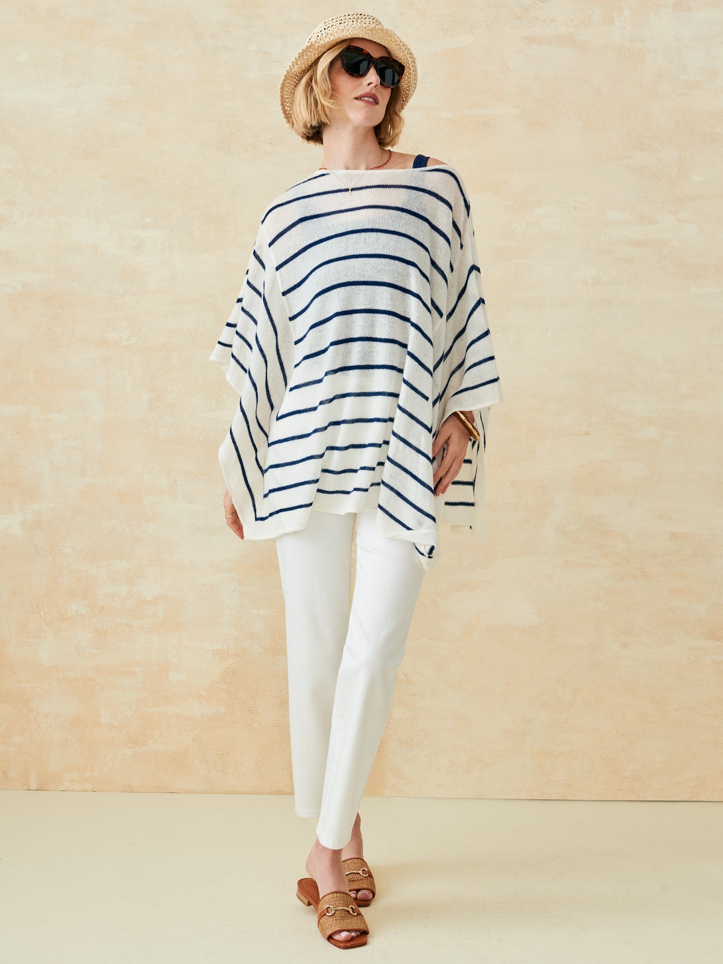J.McLaughlin Samrithi poncho in off white/dark navy made with cashmere.