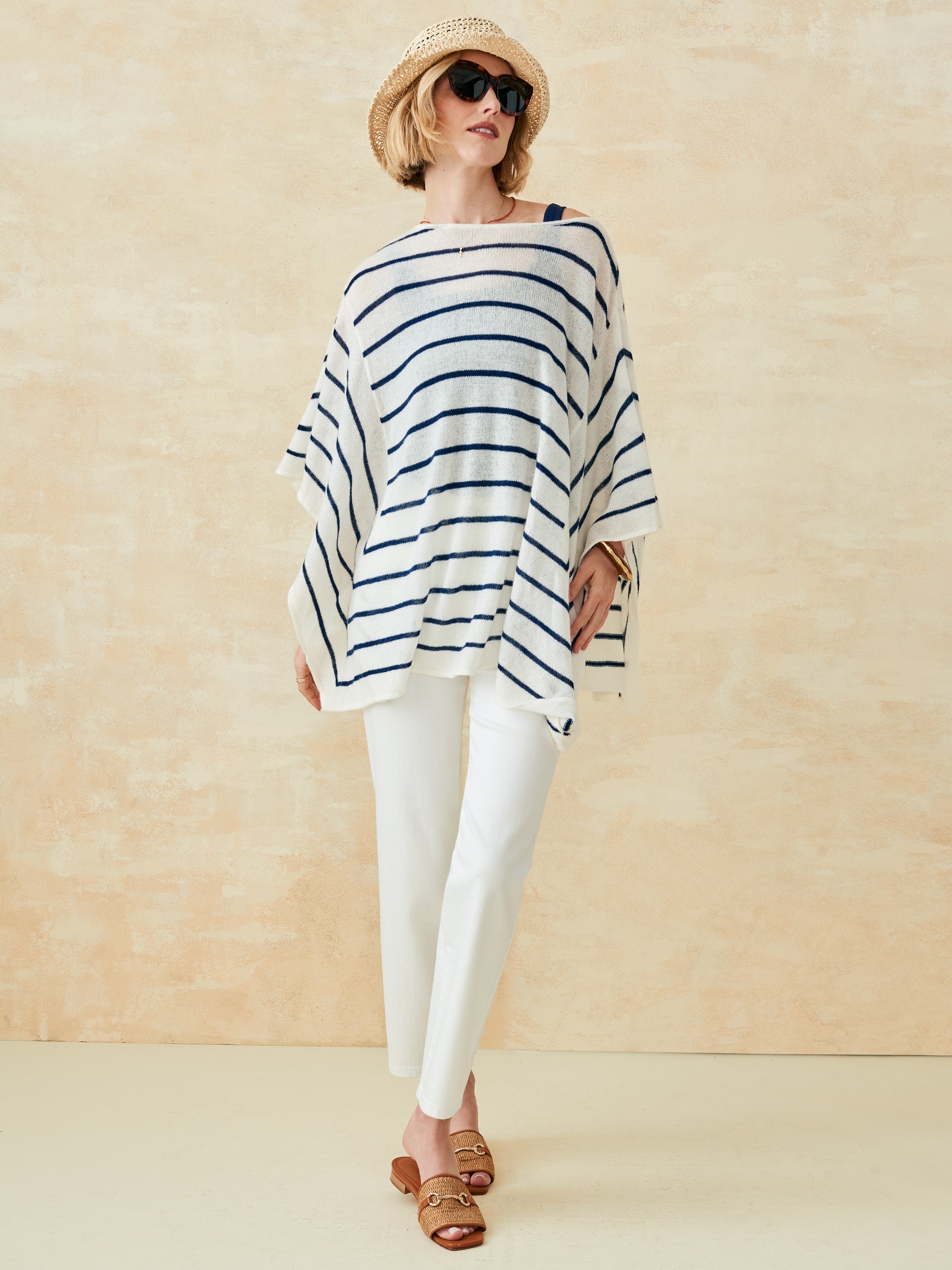J.McLaughlin Samrithi poncho in off white/dark navy made with cashmere.