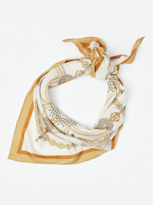 J.McLaughlin Sarita scarf in off white/green/gold made with cashmere/silk. 