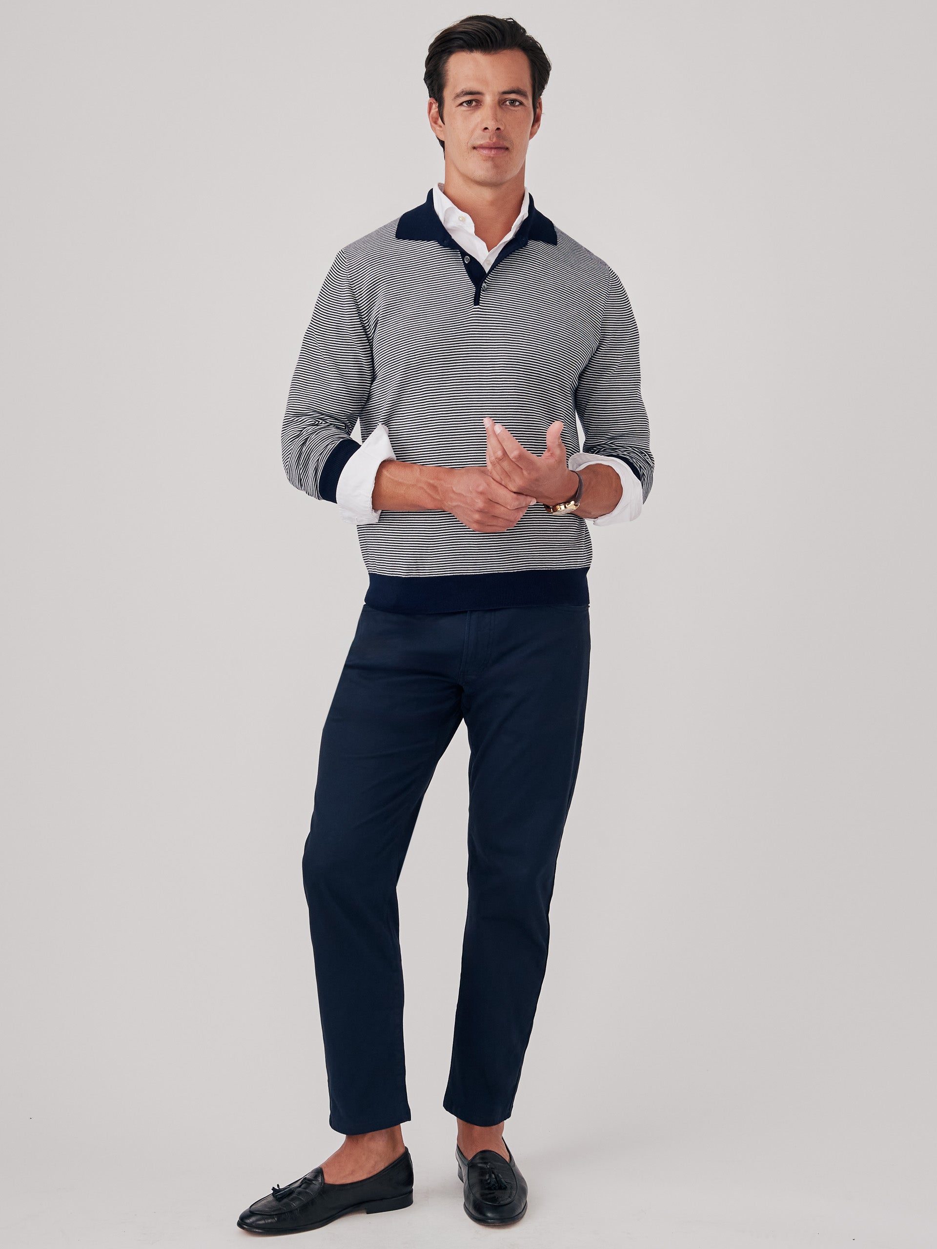 J.McLaughlin Savona sweater in navy/ivory made with merino wool and silk.