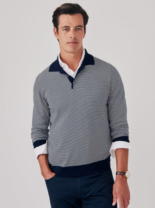 J.McLaughlin Savona sweater in navy/ivory made with merino wool and silk.