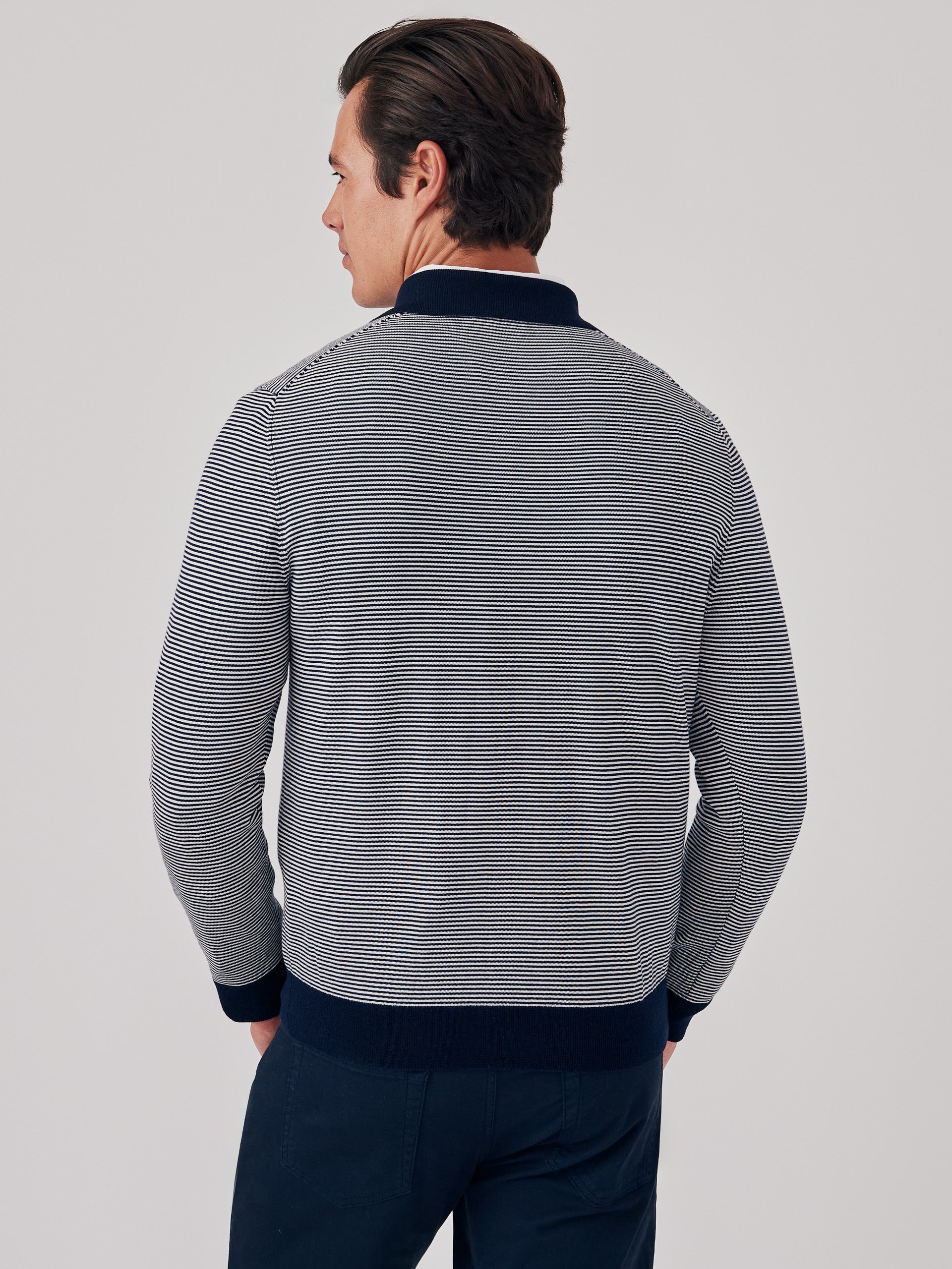 J.McLaughlin Savona sweater in navy/ivory made with merino wool and silk.
