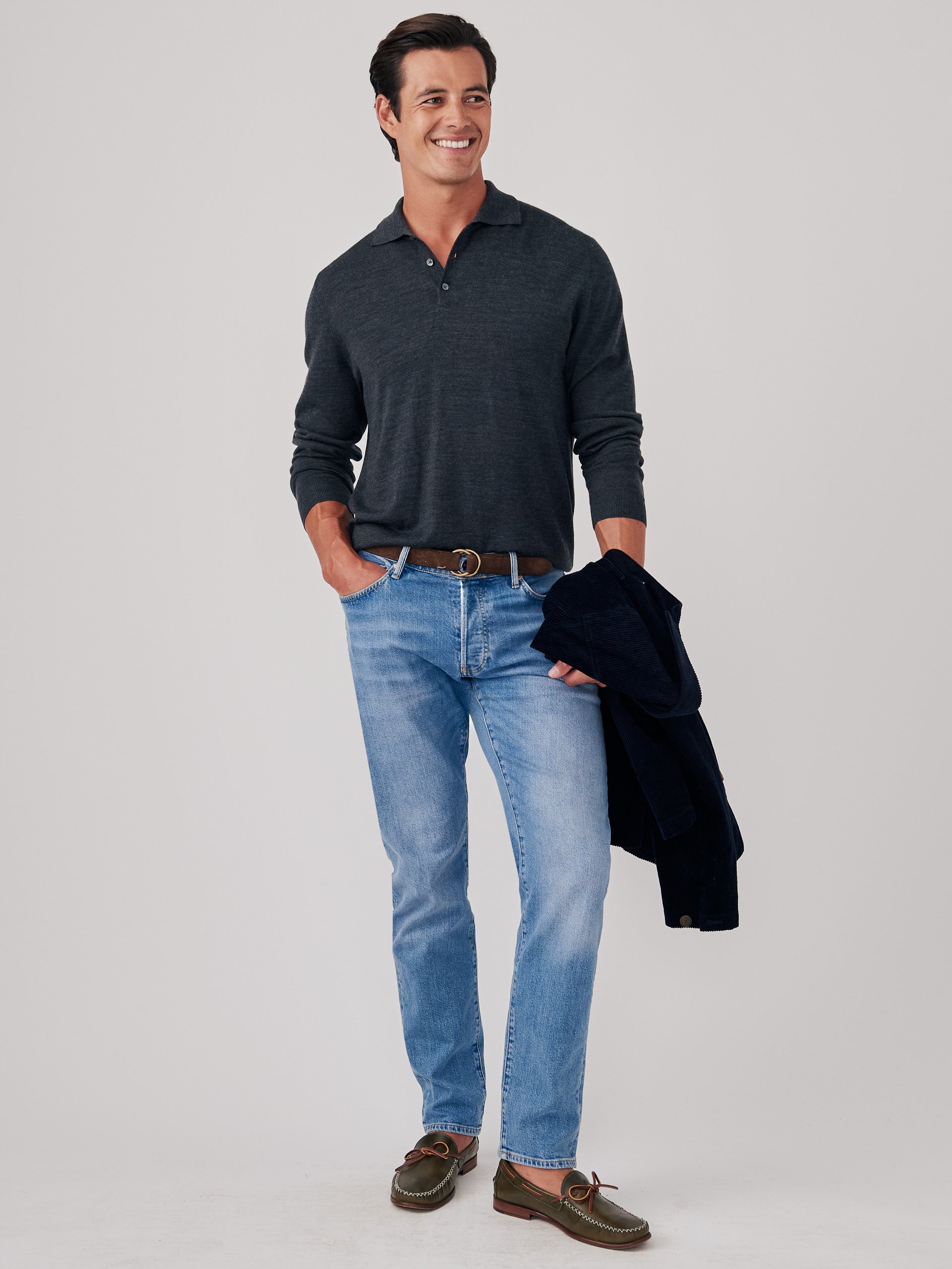 J.McLaughlin Savona sweater in heather oxford made with merino wool and silk.