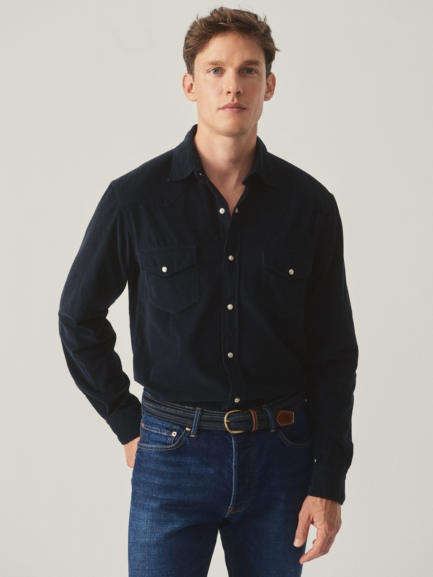 J.McLaughlin Scotto shirt in navy made with cotton cord.