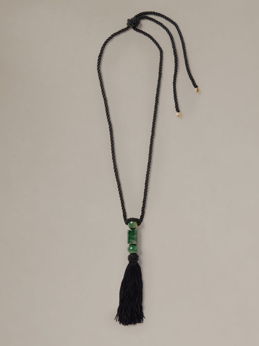 J.McLaughlin Tassel Necklace with black cord green beads and a long black tassel for effortlessly stylish everyday wear