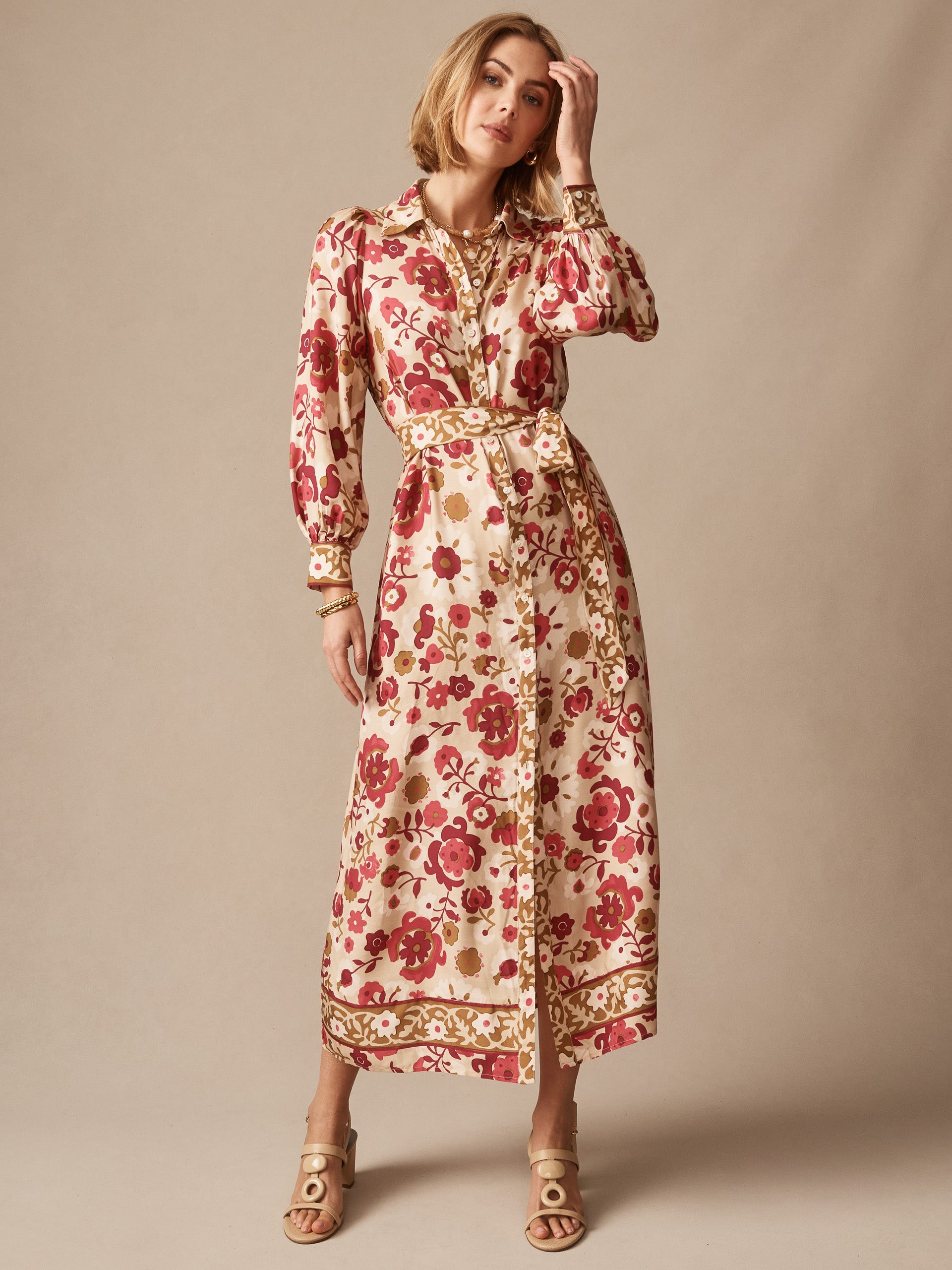 Woman wearing a Serena Silk Blend Dress in Floral Daydream Frame by J. McLaughlin, featuring an effortlessly stylish floral pattern and enduring design with innovative fabrics, embodying a legacy of timeless fashion from a destination for defining style. Life, Well-Lived.