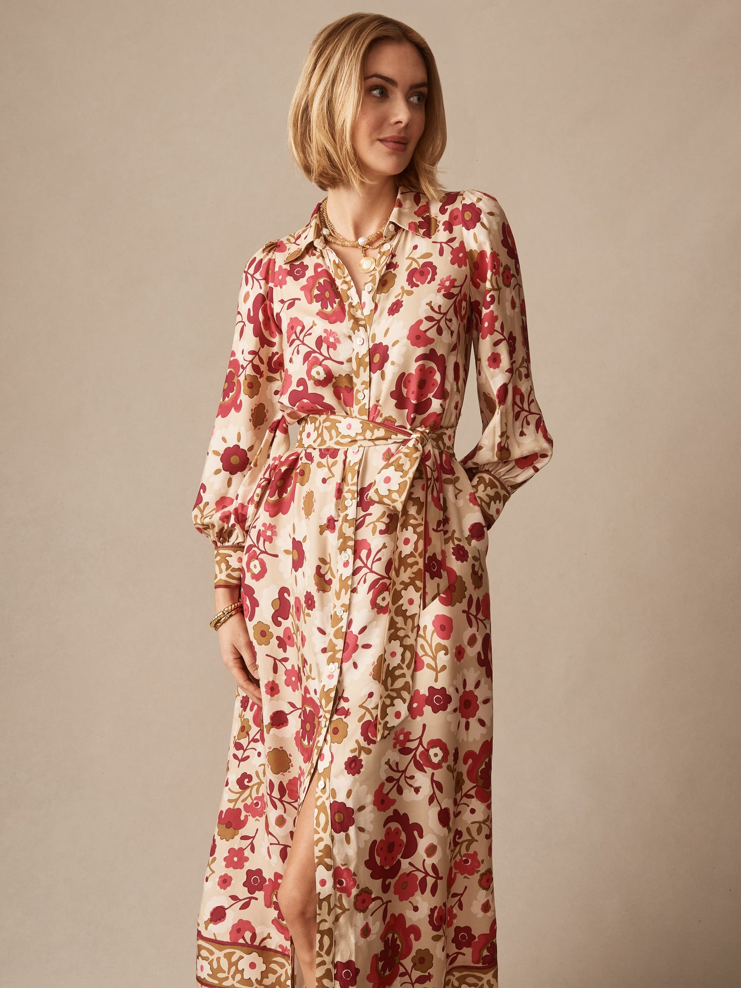 A woman wearing the Serena Silk Blend Dress in Floral Daydream Frame by J.McLaughlin, featuring effortlessly stylish florals and enduring design in innovative fabric, perfect for a life well-lived.