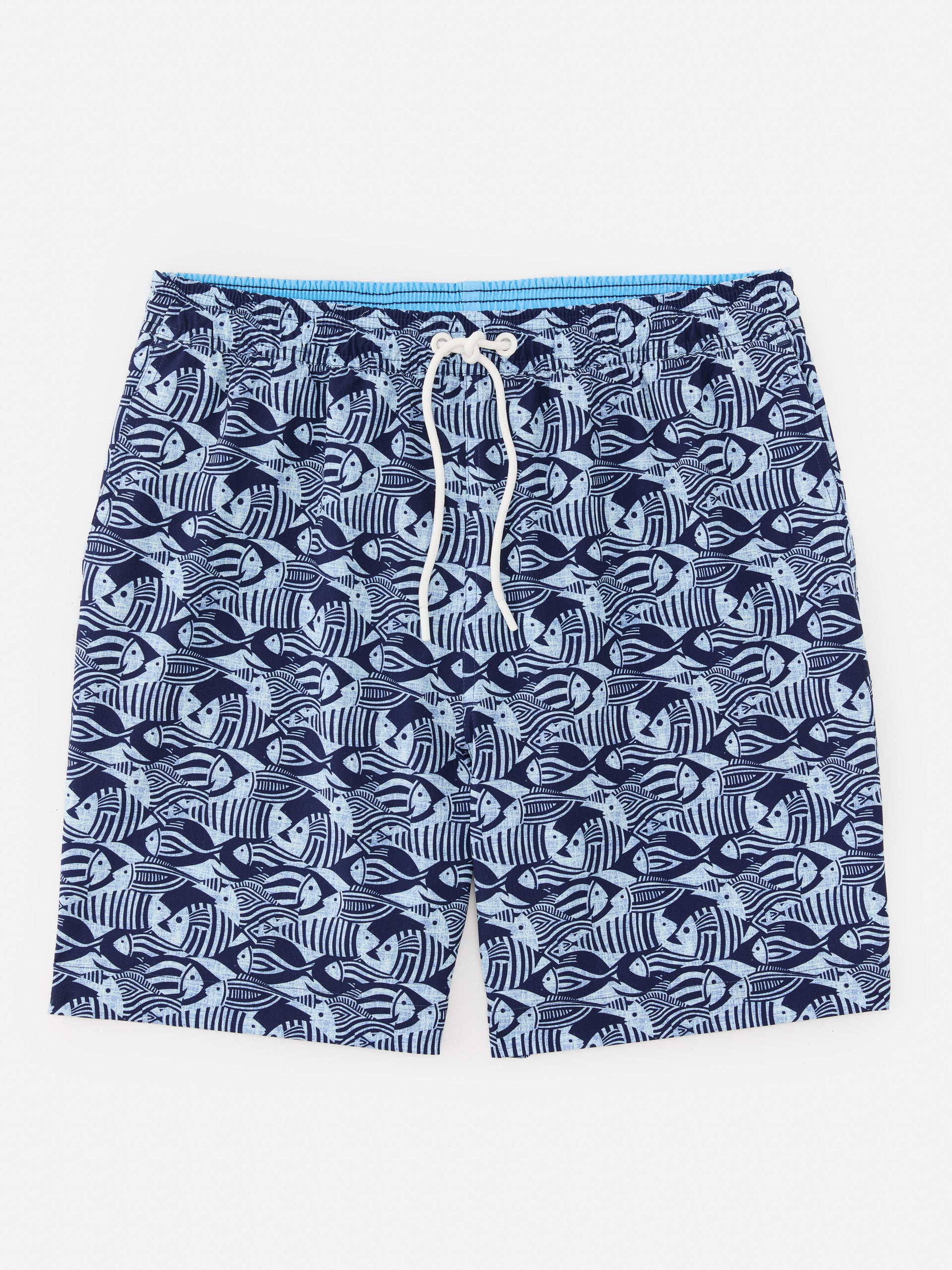 J.McLaughlin Shoreline swim trunks in navy/light blue made with polyester/spandex.