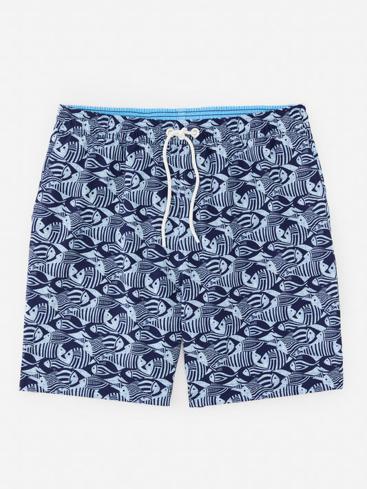 J.McLaughlin Shoreline swim trunks in navy/light blue made with polyester/spandex.