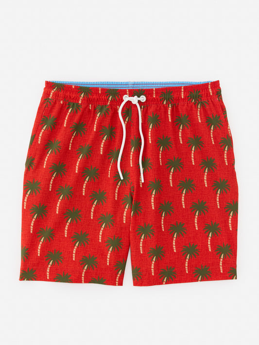 J.McLaughlin Shoreline swim trunks in red/green made with polyester/spandex.