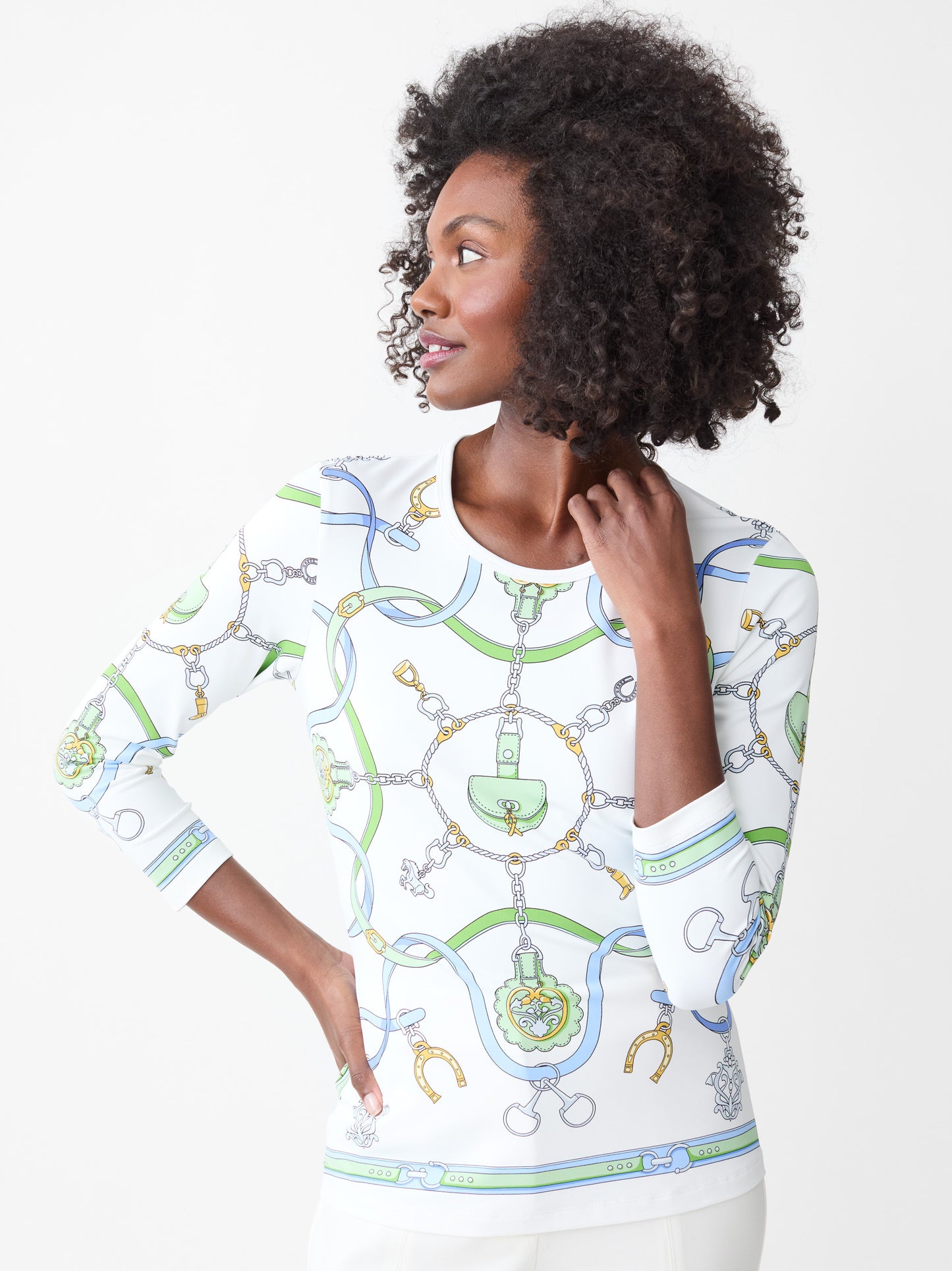 J.McLaughlin Signature tee in white/blue/green made with Catalina cloth.