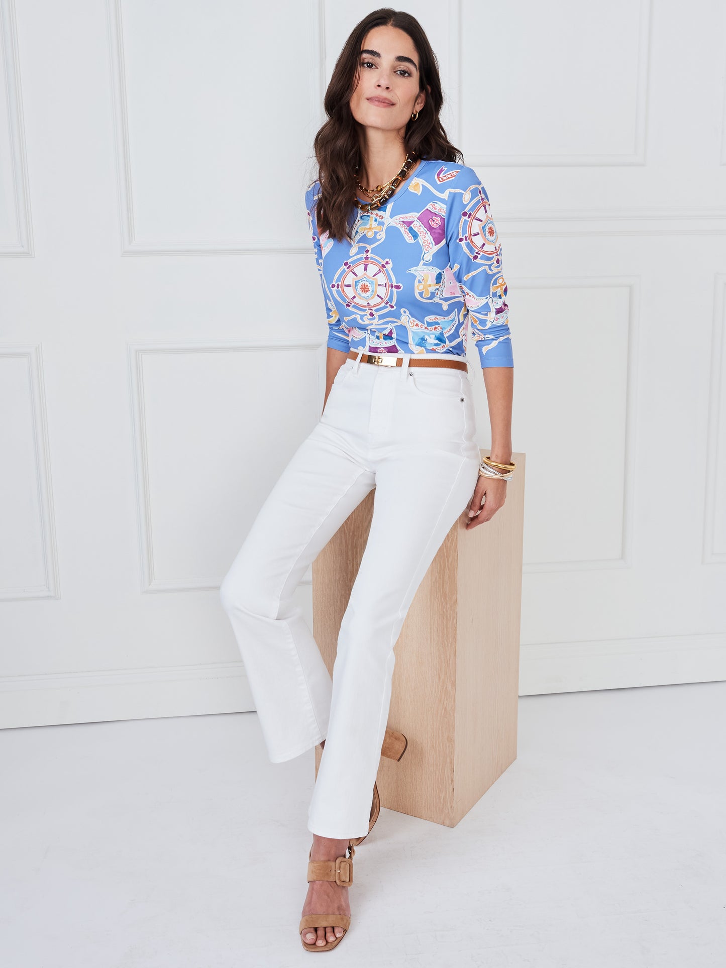 J.McLaughlin signature tee in medium blue/multi made with Catalina cloth.