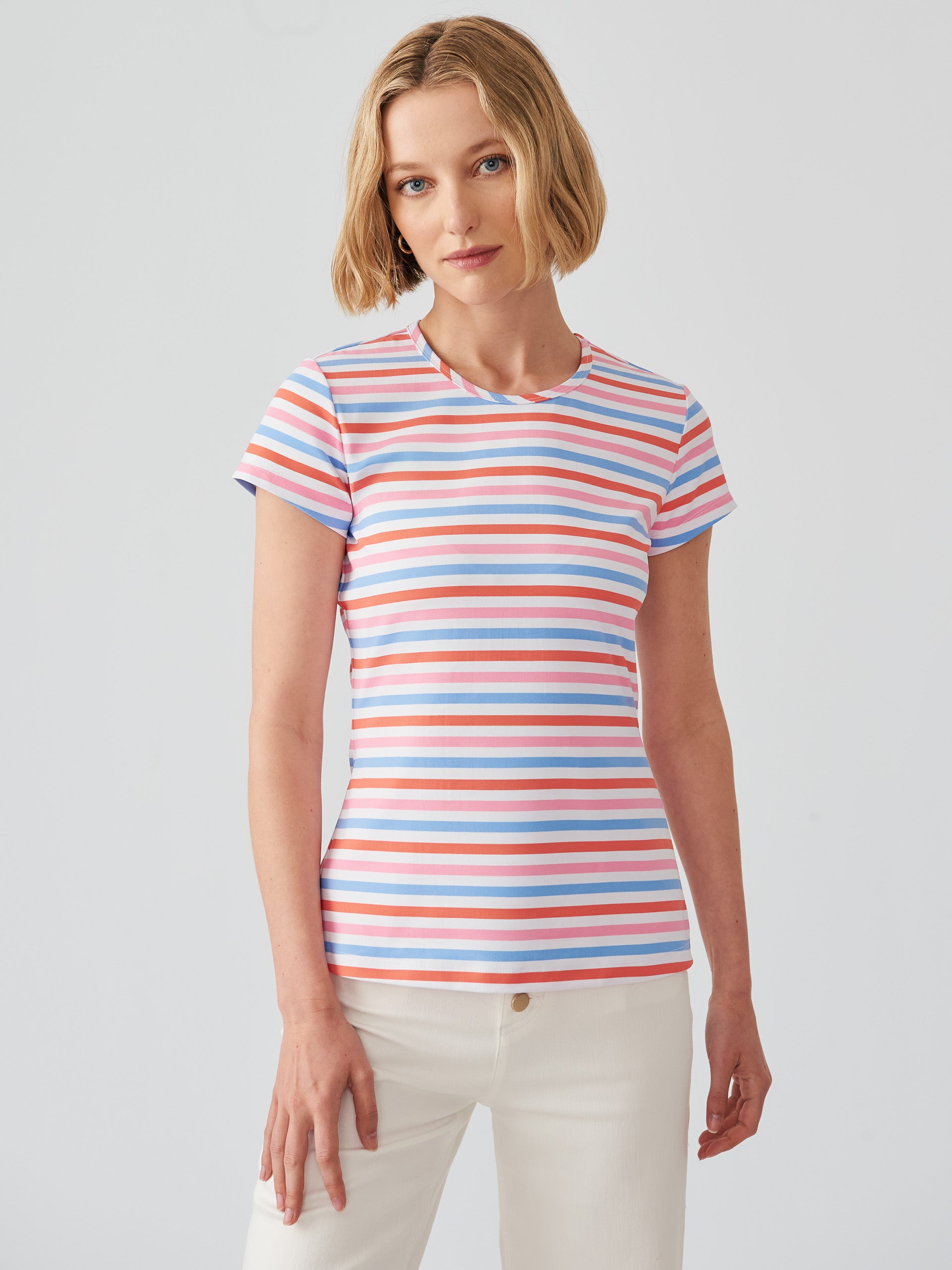 J.McLaughlin signature cap sleeve tee in coral/multi made with Catalina cloth.