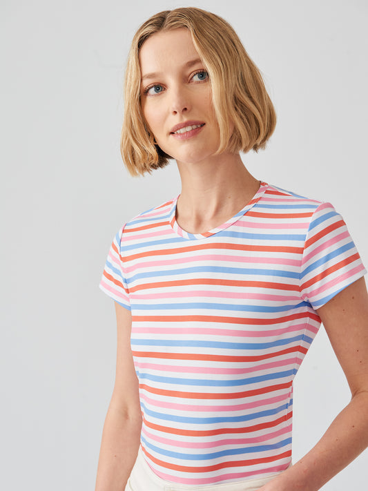J.McLaughlin signature cap sleeve tee in coral/multi made with Catalina cloth.
