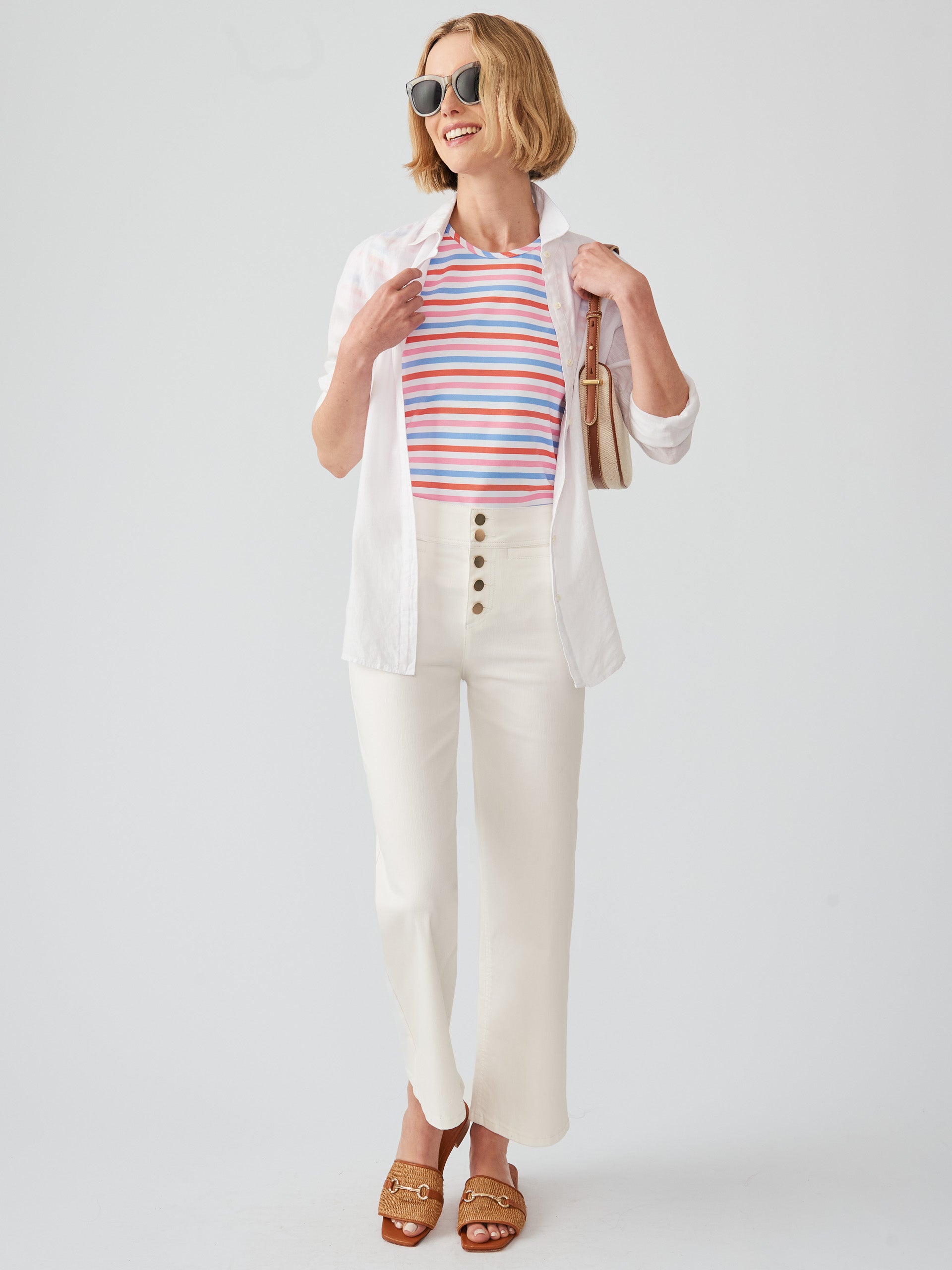 J.McLaughlin signature cap sleeve tee in coral/multi made with Catalina cloth.