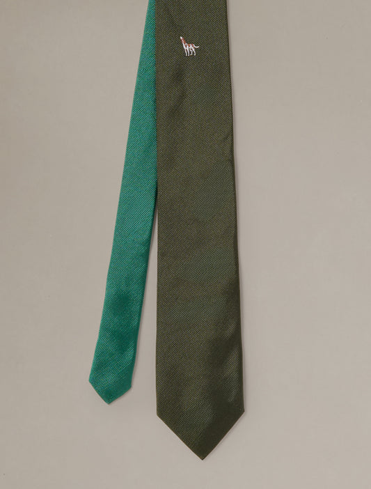 Silk Tie in Field Pointer by J.McLaughlin in olive green silk with a teal accent and embroidered pointer detail for timeless style