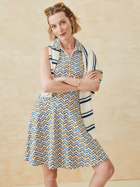 J.McLaughlin Skylar dress in mustard/blue made with catalina cloth. 