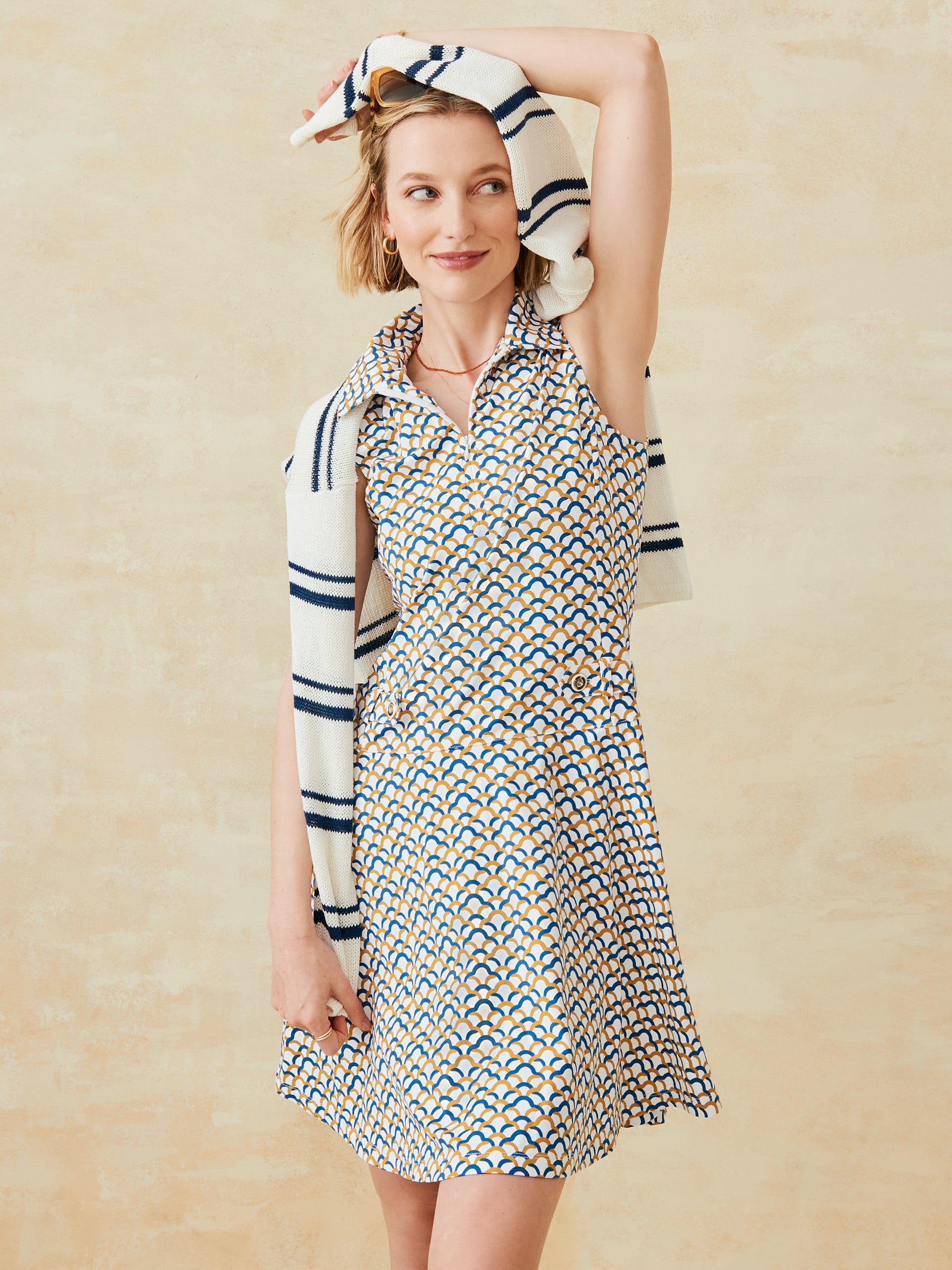 J.McLaughlin Skylar dress in mustard/blue made with catalina cloth. 