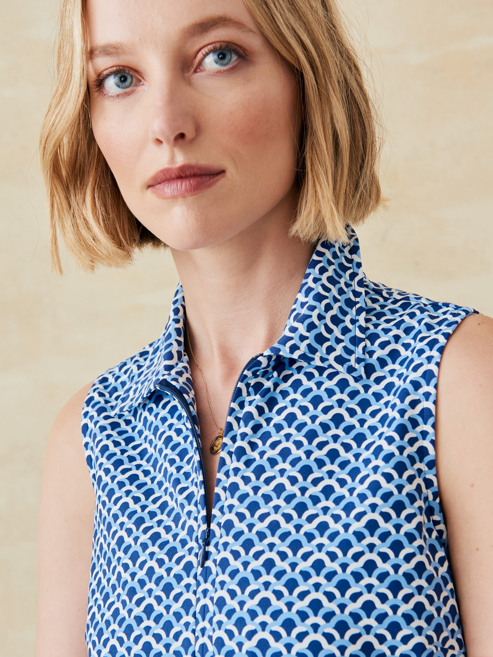 J.McLaughlin Skylar top in navy/light blue made with catalina cloth. 
