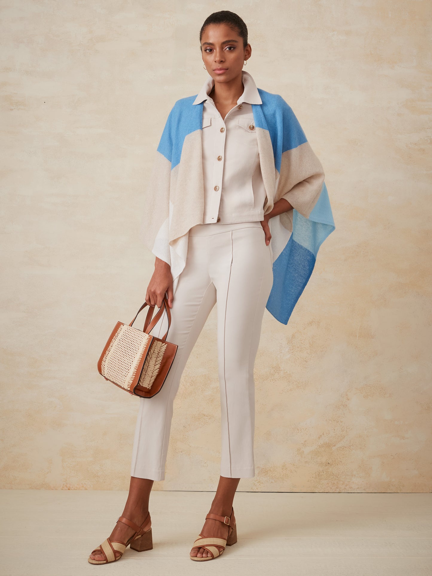 J.McLaughlin Skyler poncho in blue/natural made with cashmere. 