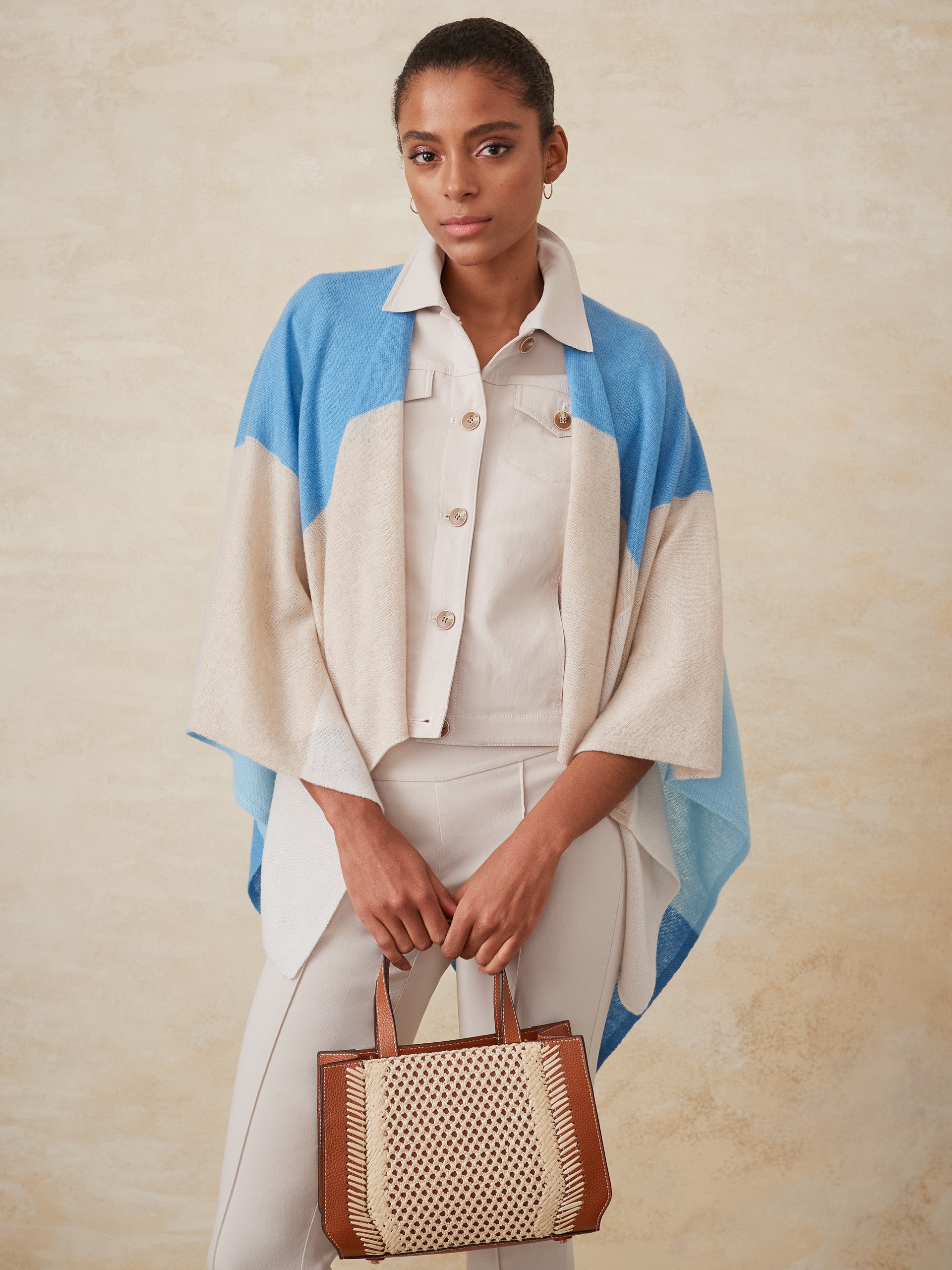 J.McLaughlin Skyler poncho in blue/natural made with cashmere. 