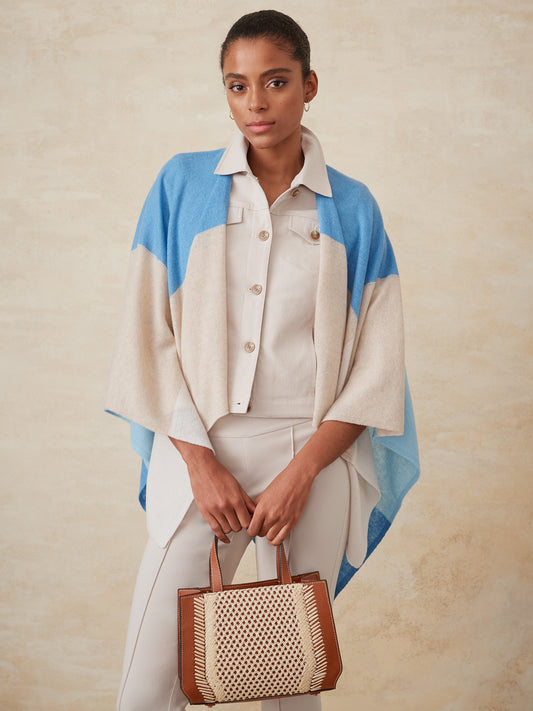 J.McLaughlin Skyler poncho in blue/natural made with cashmere. 