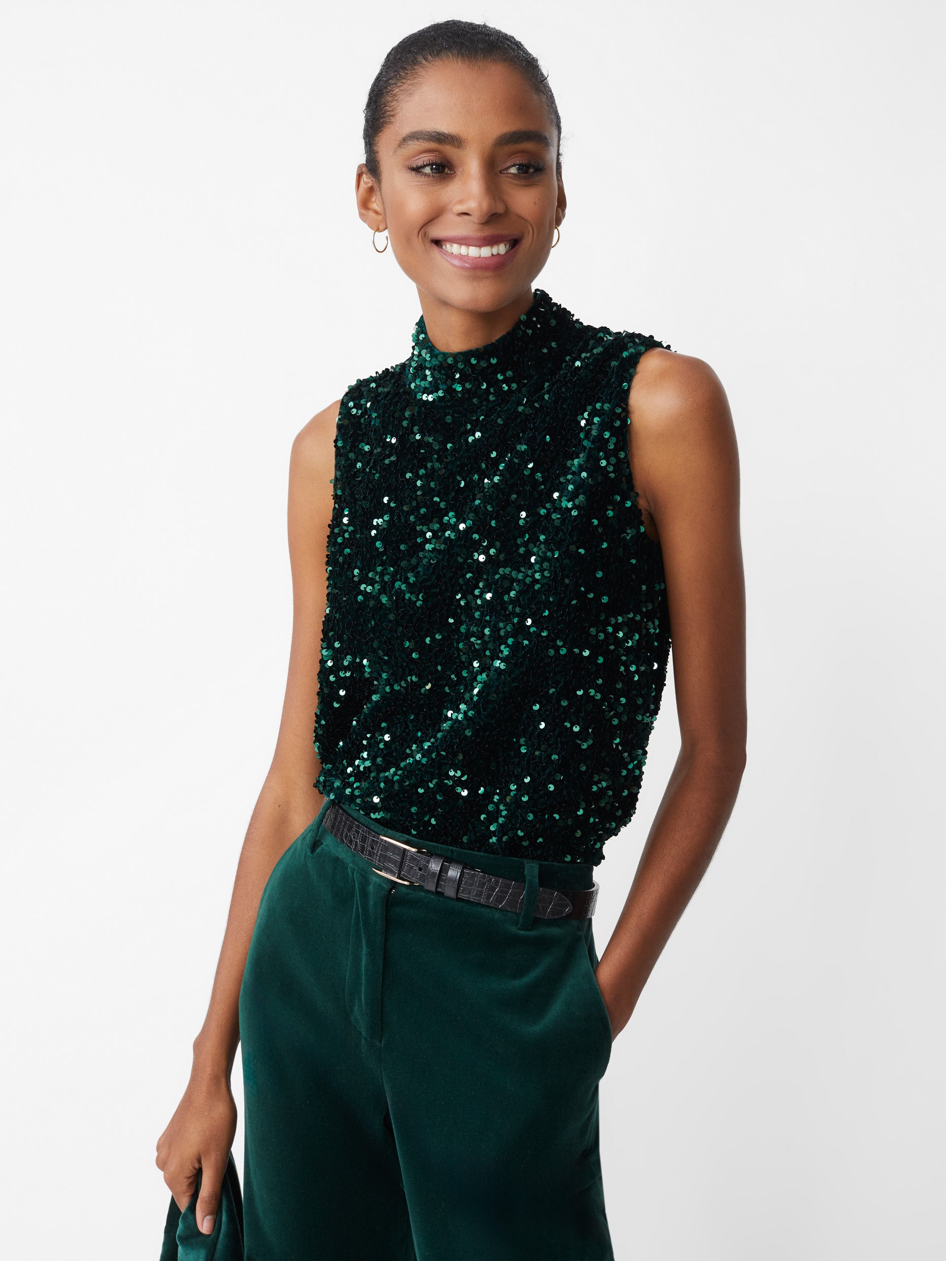 J.McLaughlin Leeza sleeveless top in emerald green made with polyester.