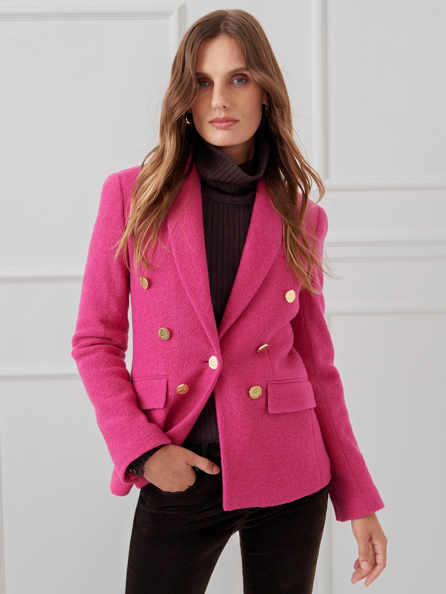 J.McLaughlin Genevieve blazer in fucshia made with wool boucle.