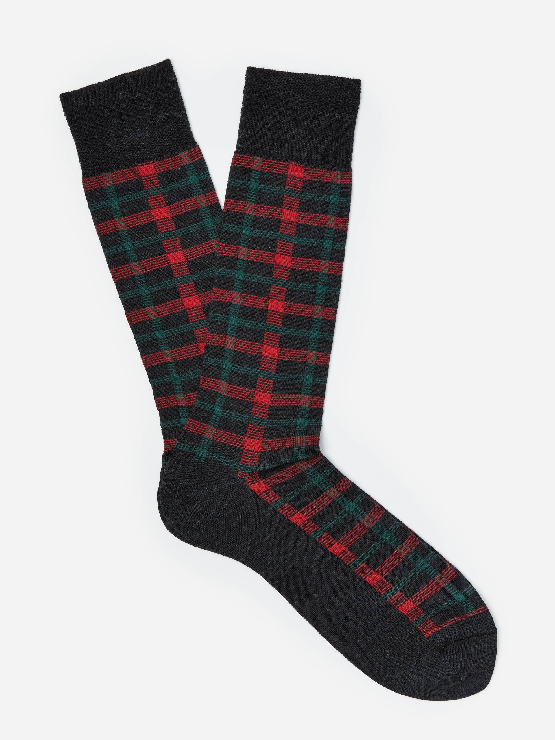J.McLaughlin socks in dark heather gray/red made with wool.